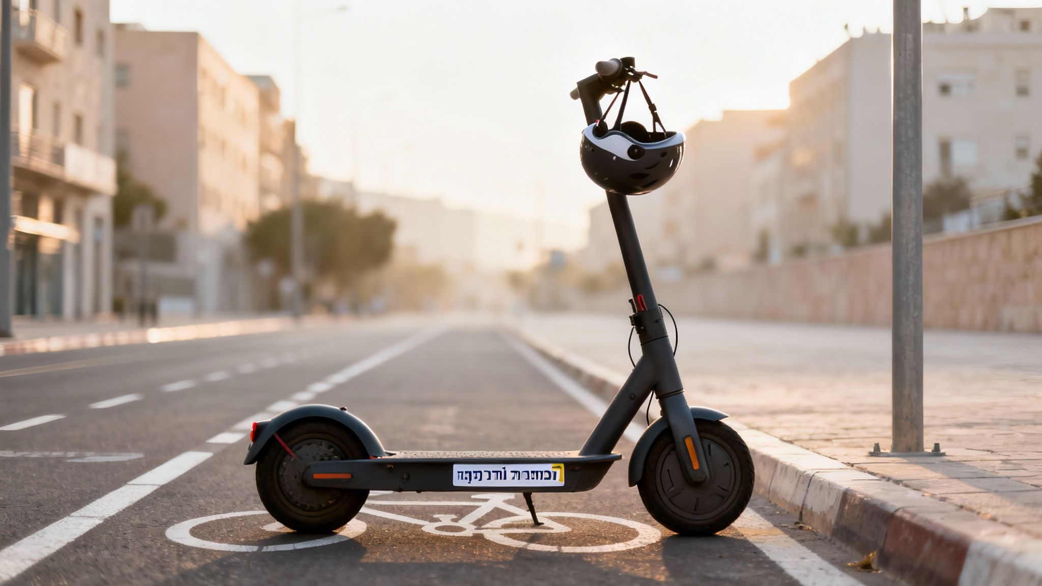 קטנוע חשמלי אפור עם קסדה תלויה, חונה על שביל אופניים שטוף שמש בעיר.