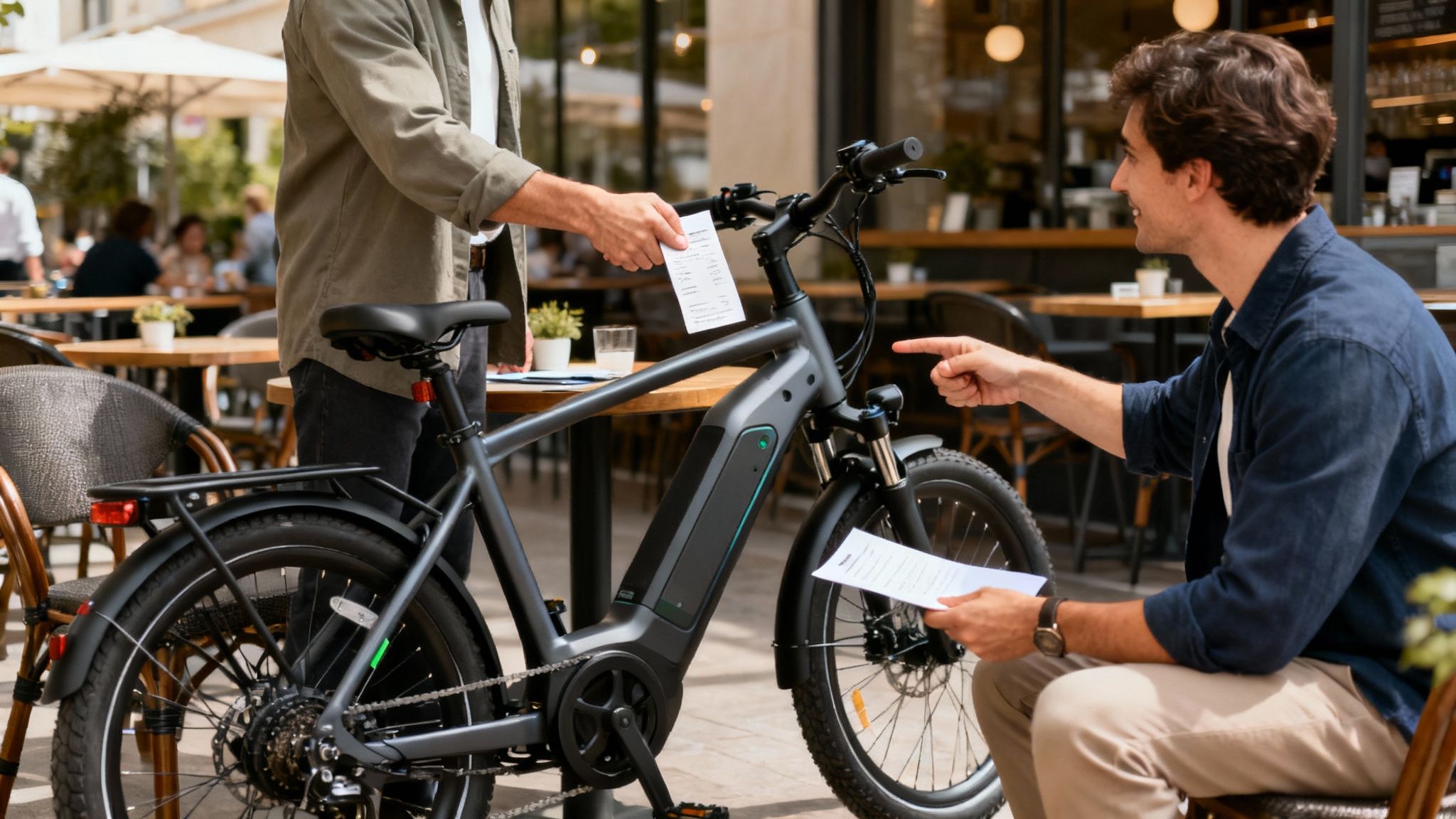 שני גברים משוחחים ומחליפים מסמכים ליד אופניים חשמליים מודרניים מחוץ לבית קפה.