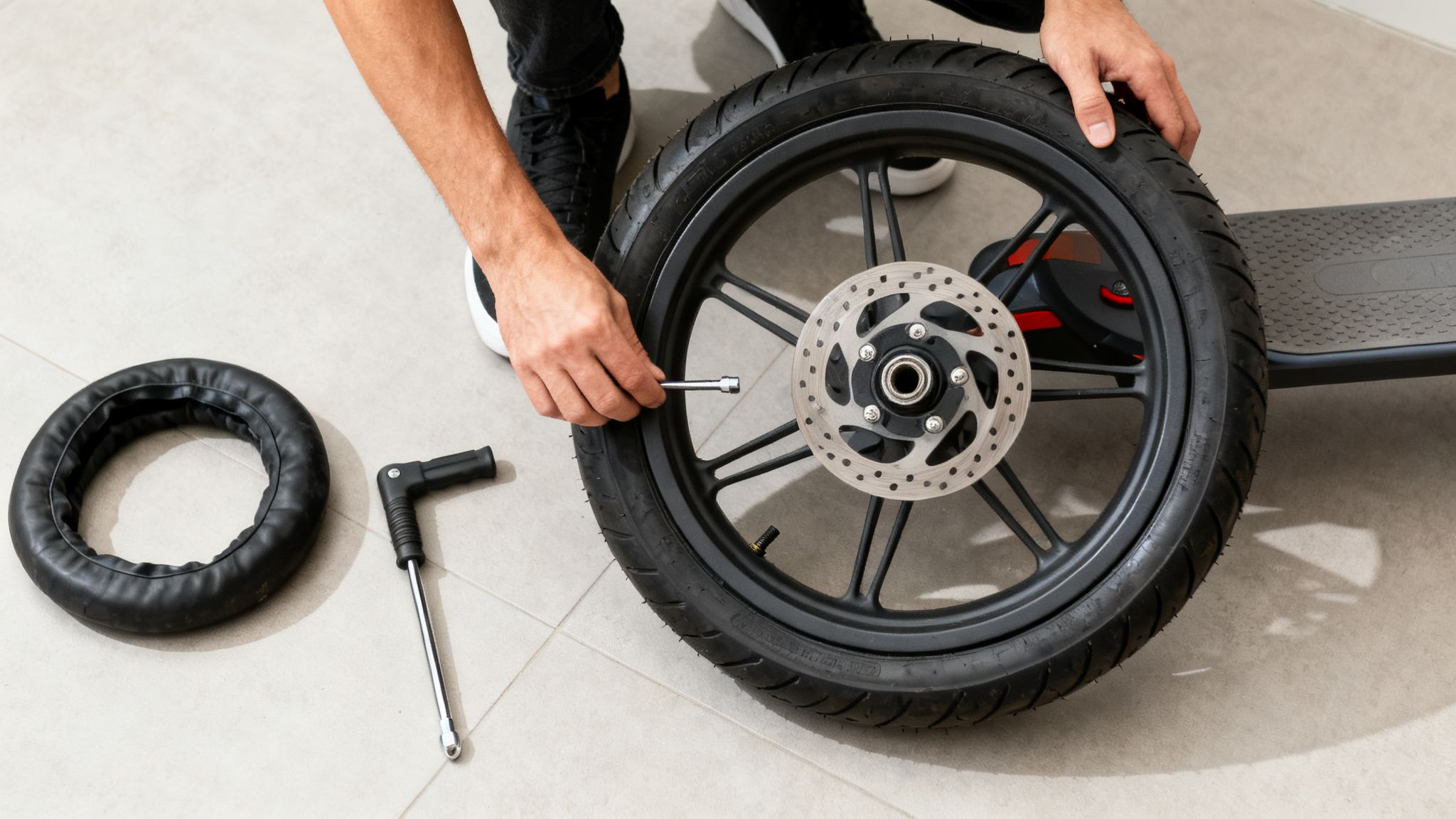 אדם מתקן גלגל קורקינט חשמלי באמצעות מפתח ברגים, כשצמיג פנימי מונח על הרצפה לידו.