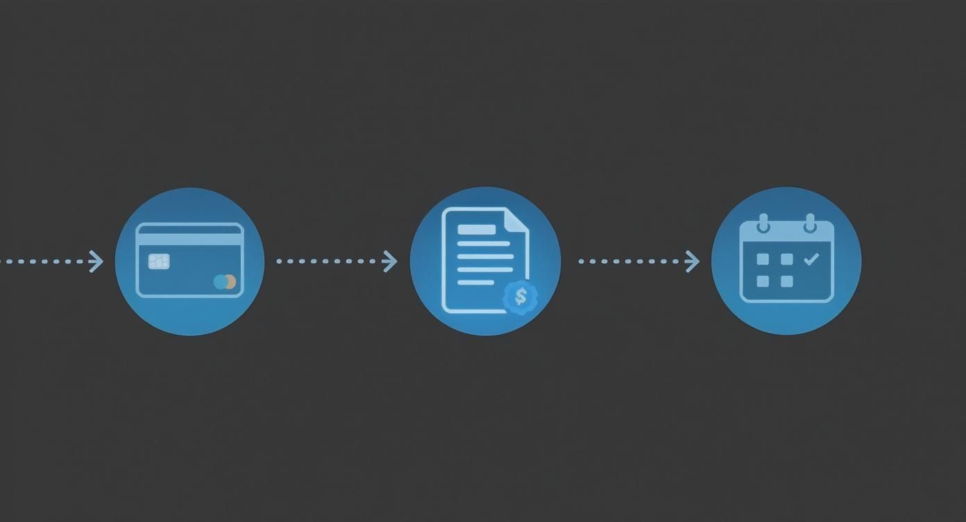 תרשים זרימה המציג תהליך תשלום דיגיטלי: כרטיס אשראי, חשבונית או מסמך כספי, ולוח שנה עם אישור, המציין תשלום וקביעת מועד.