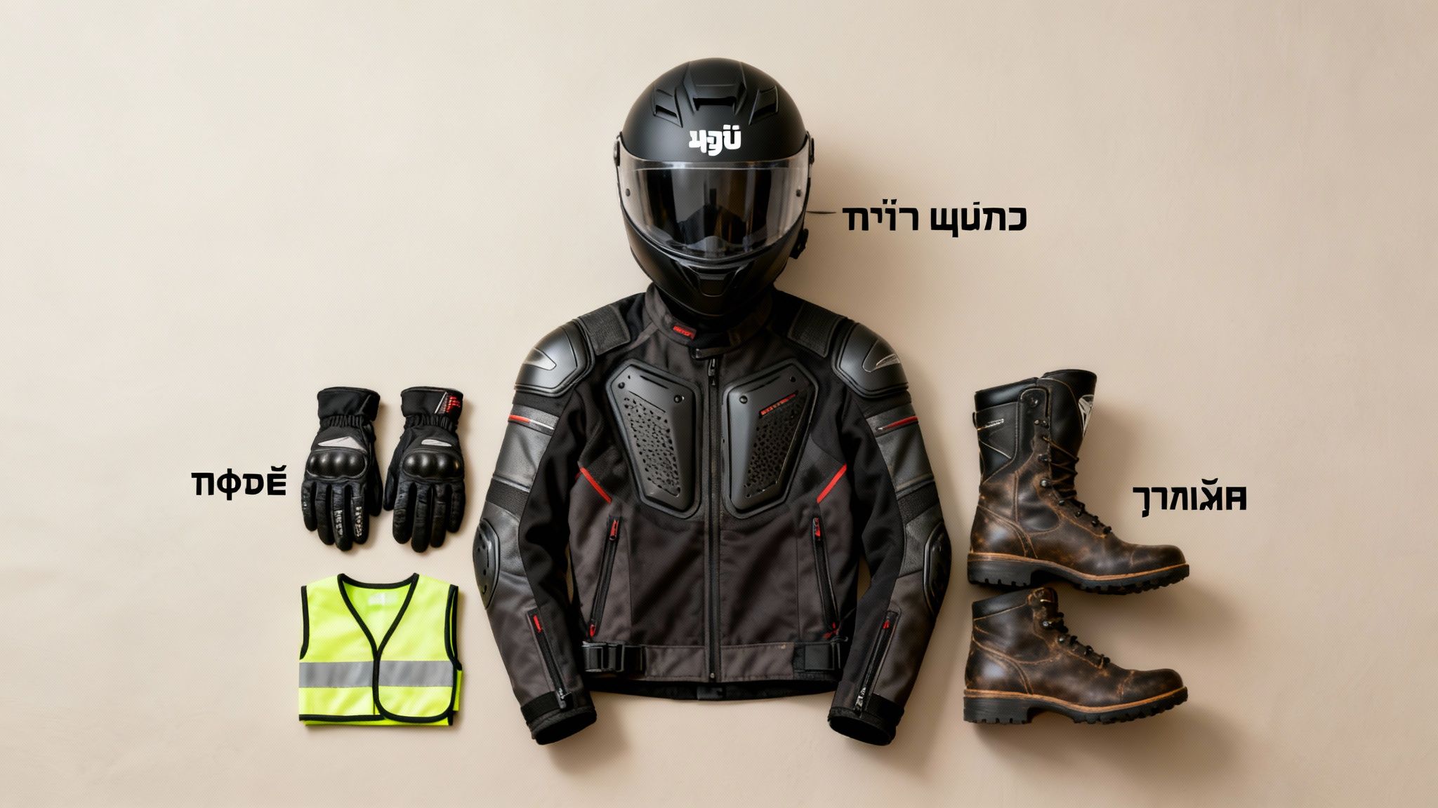 ציוד רכיבה מלא לאופנוע, כולל קסדה, מעיל ממוגן, כפפות, אפוד זוהר ומגפיים.