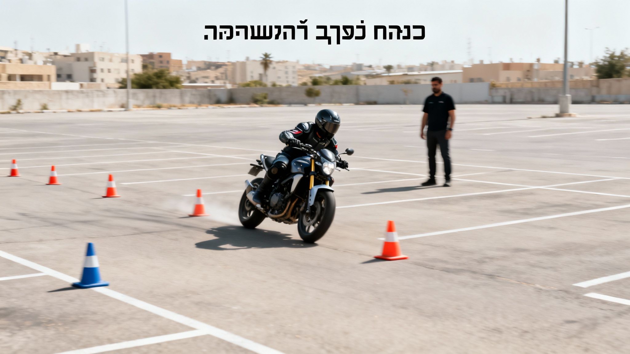 אדם לבוש ציוד מגן רוכב על אופנוע במסלול אימונים עם קונוסים, כשמדריך צופה מהצד.