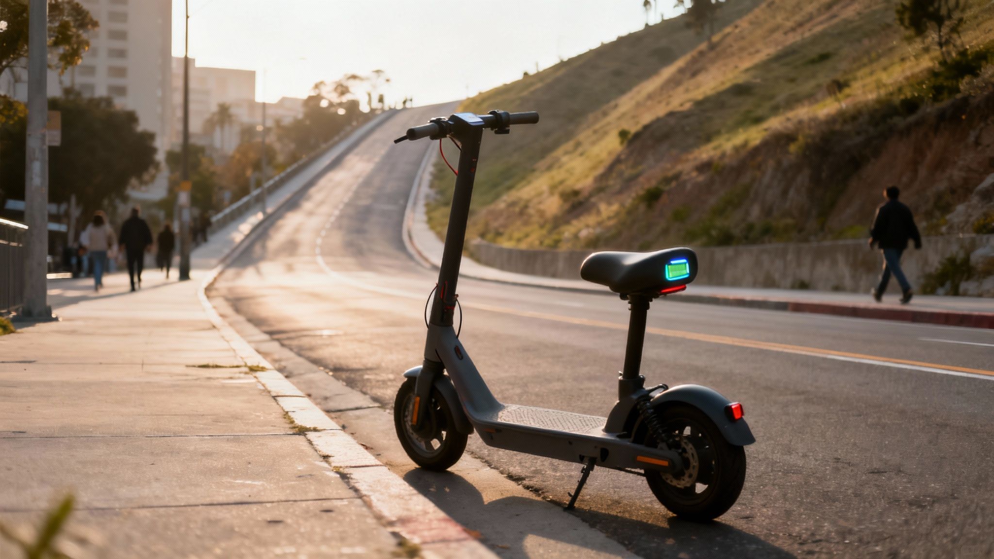 קורקינט חשמלי חונה על מדרכה ליד כביש בשקיעה, עם אנשים הולכים ברקע. על המושב נורית חיווי סוללה דולקת.