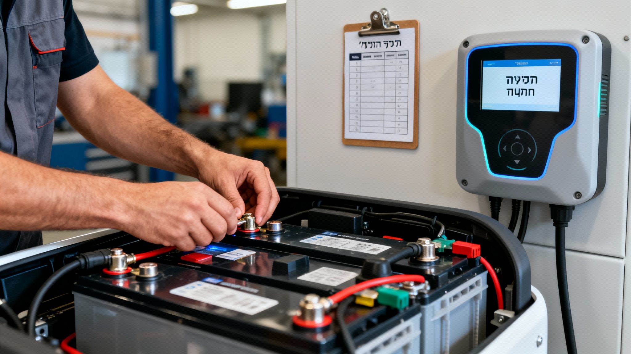 טכנאי מחבר סוללות לרכב תפעולי חשמלי, עם מסך בקרה המציג מידע בעברית.