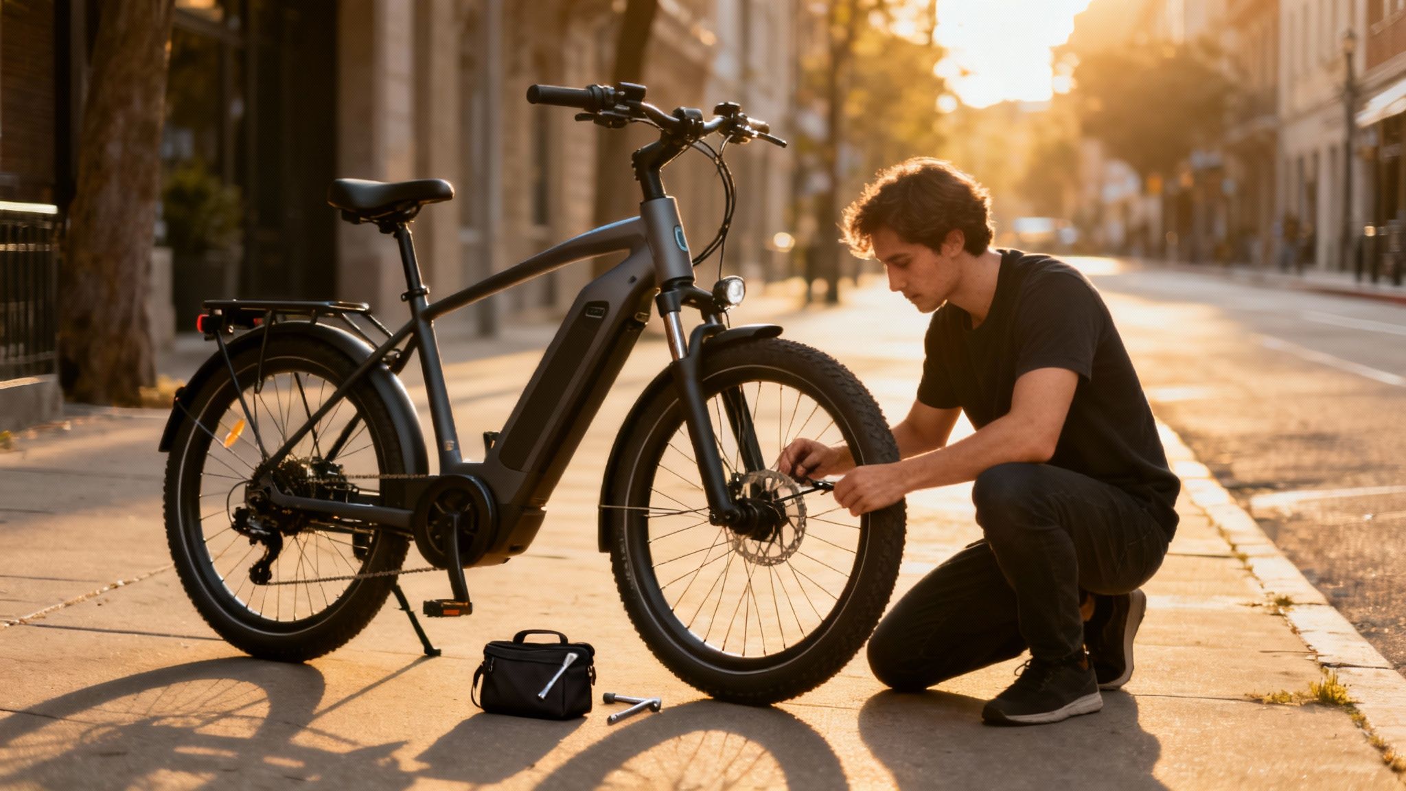 גבר מתקן אופניים חשמליים אפורים על מדרכה עם כלים לידו בשעת השקיעה.