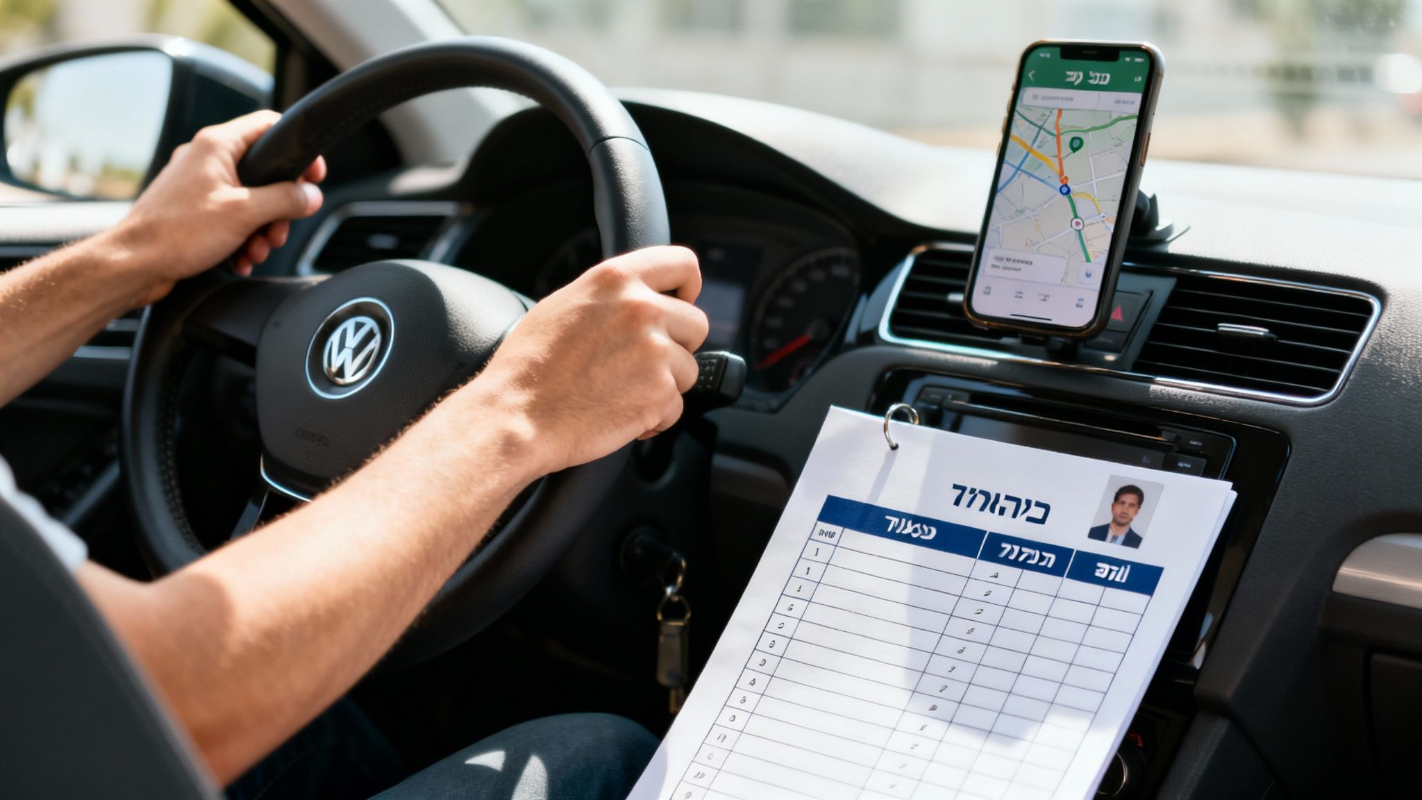 אדם נוהג במכונית, ידיו על ההגה, ועל הדשבורד מופיעים טלפון ניווט וטופס לימוד נהיגה.