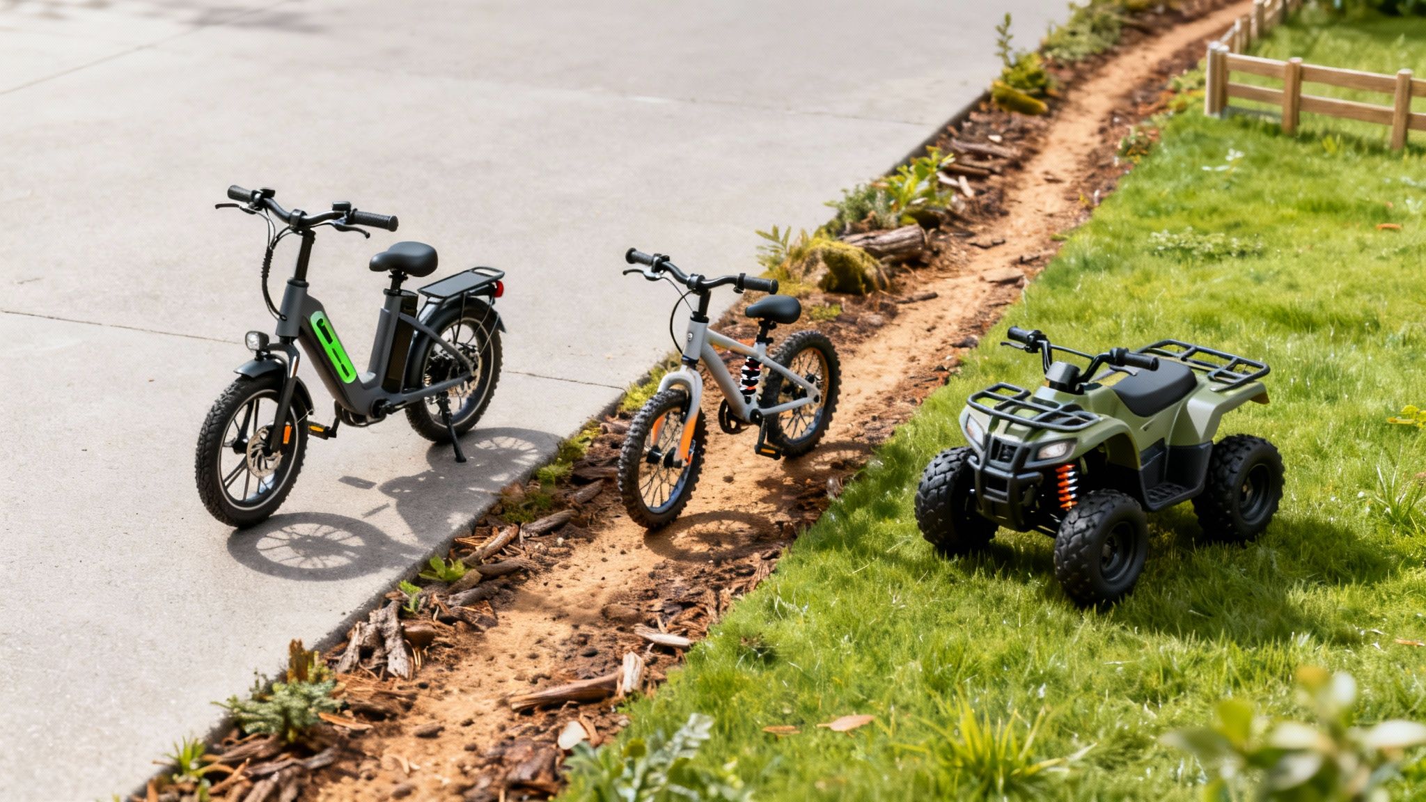 תמונה של אופניים חשמליים שחורים, אופני ילדים קטנים וטרקטורון ירוק, ממוקמים בסצנה מיניאטורית.