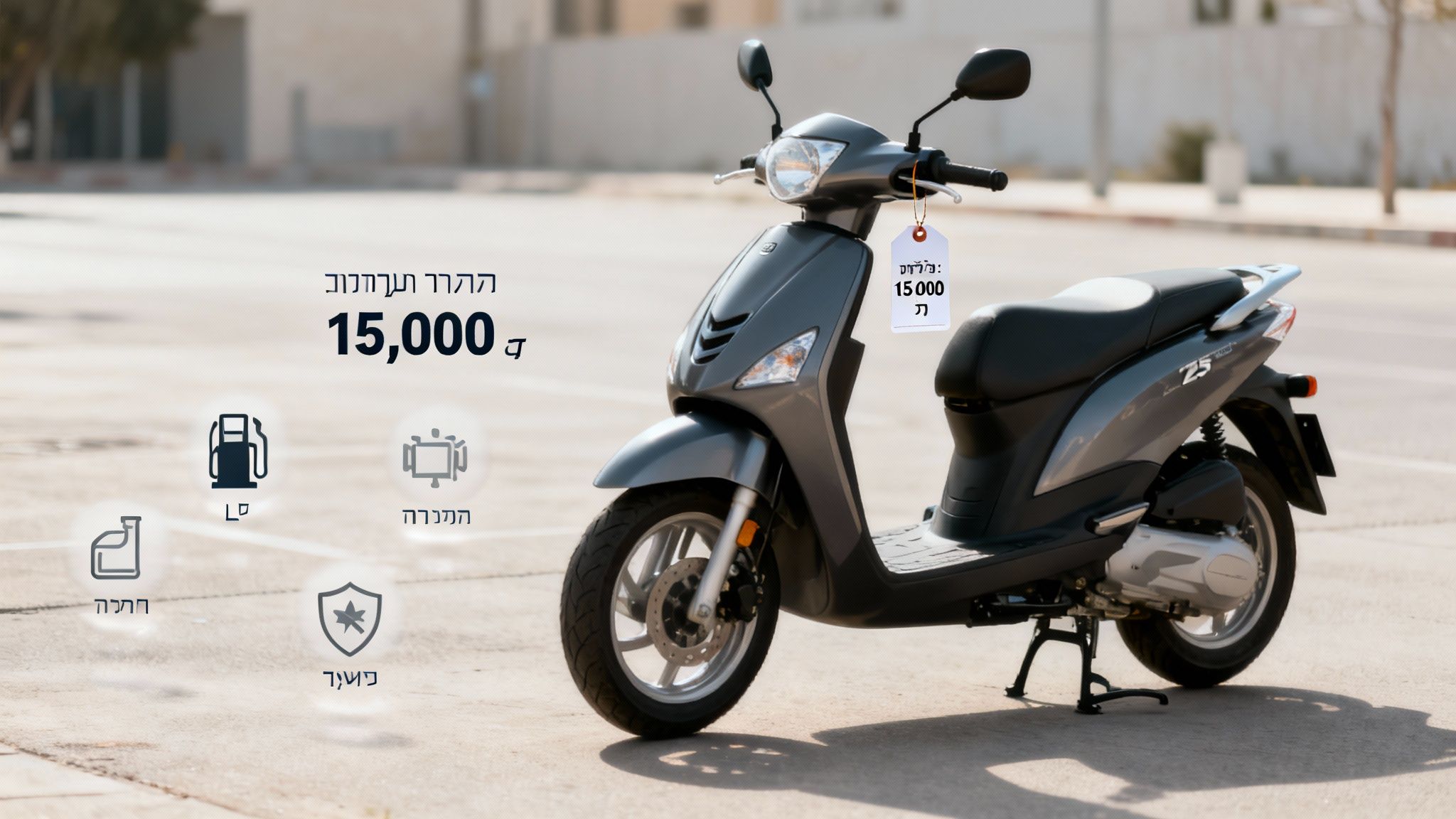 קטנוע אפור חונה בחוץ, עם תג מחיר של 15,000 ש"ח ואייקונים המציגים שירותים שונים.