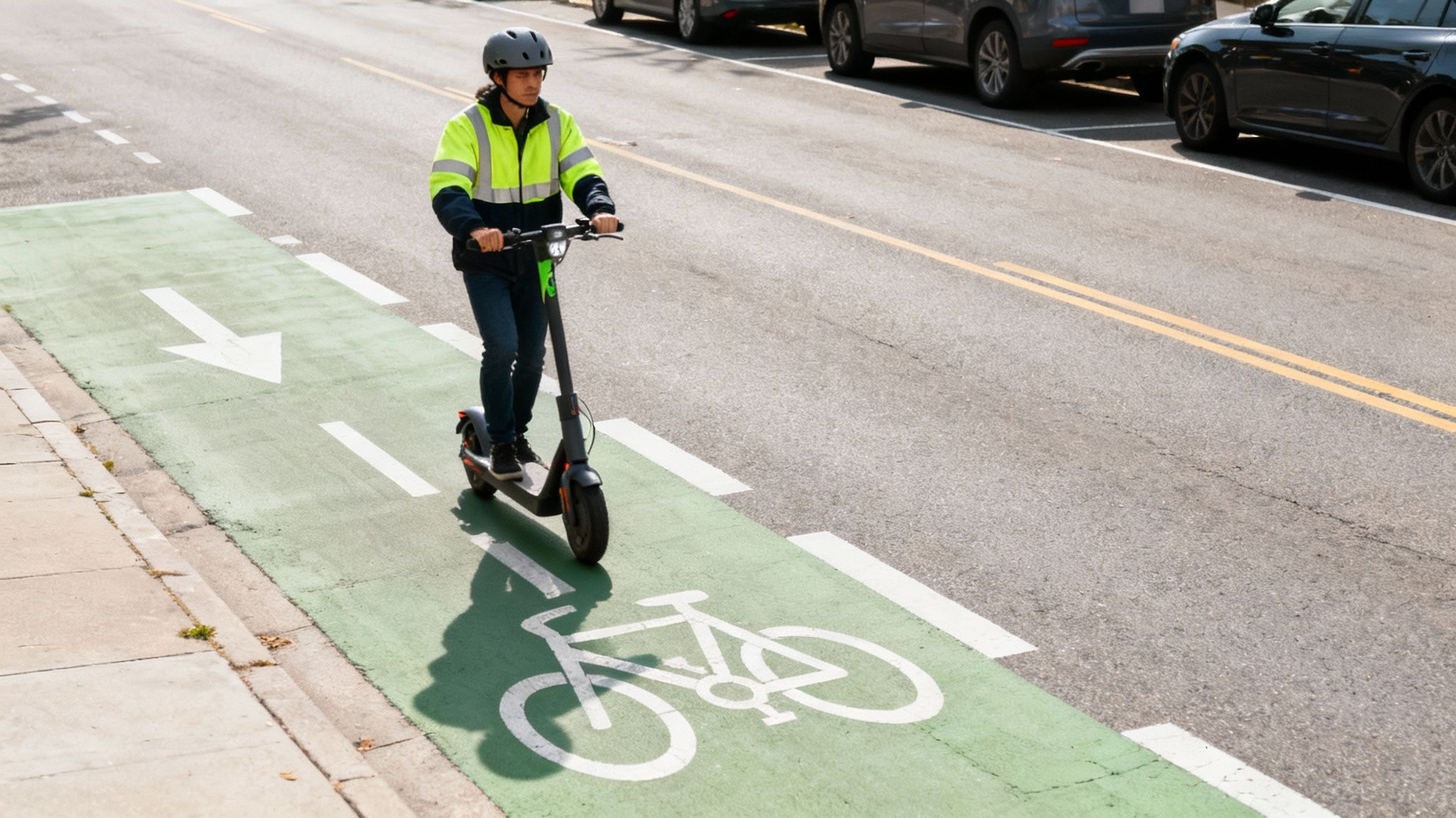 אדם עם קסדה ואפוד זוהר רוכב על קורקינט חשמלי במסלול ירוק עם סימוני אופניים וחץ.