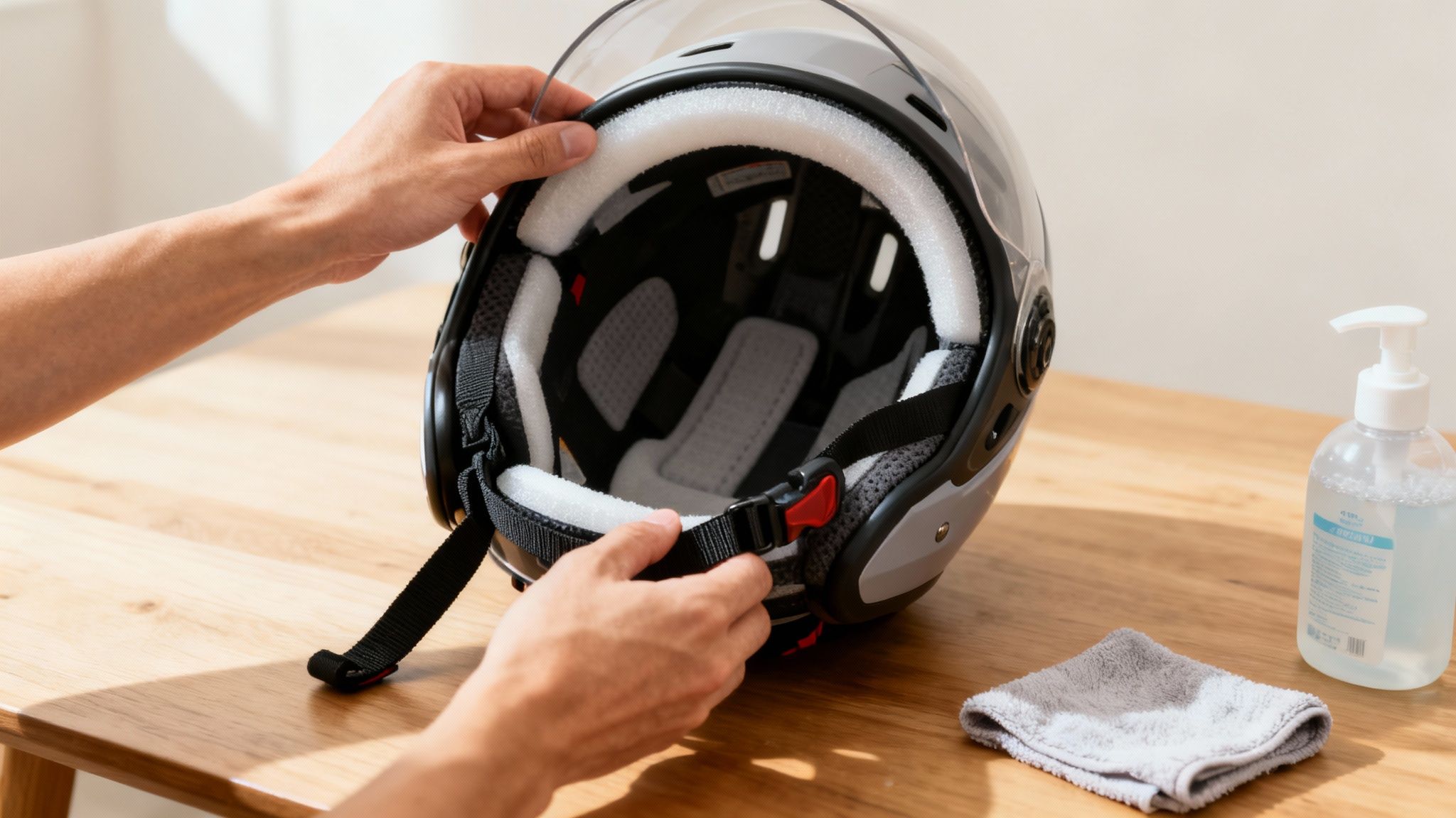 ידיים מכווננות קסדה אפורה עם ריפוד לבן על שולחן עץ, ליד סבון ומטלית.