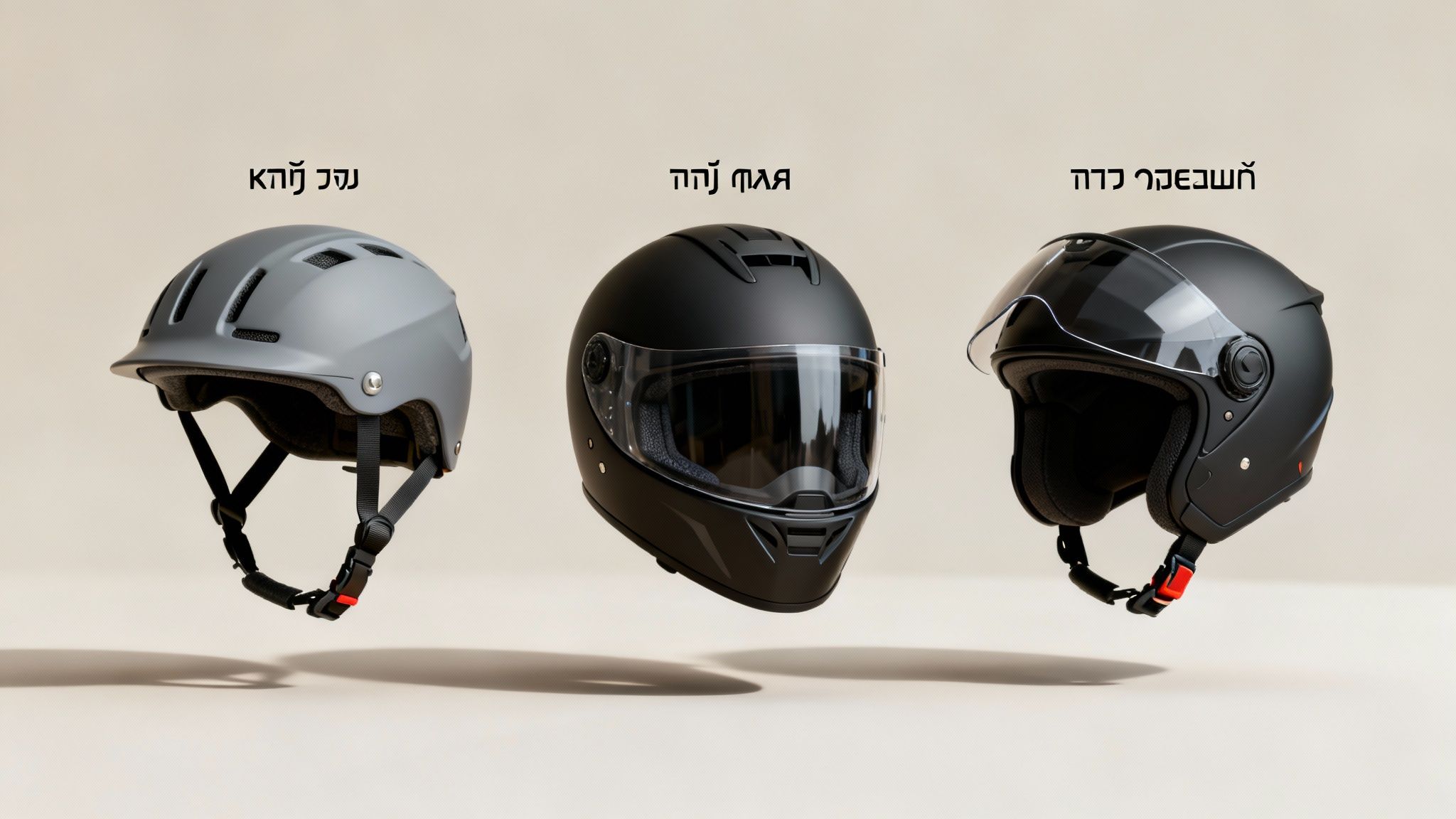 שלוש קסדות שונות: אפורה, שחורה מלאה ושחורה פתוחה, מרחפות על רקע בהיר.