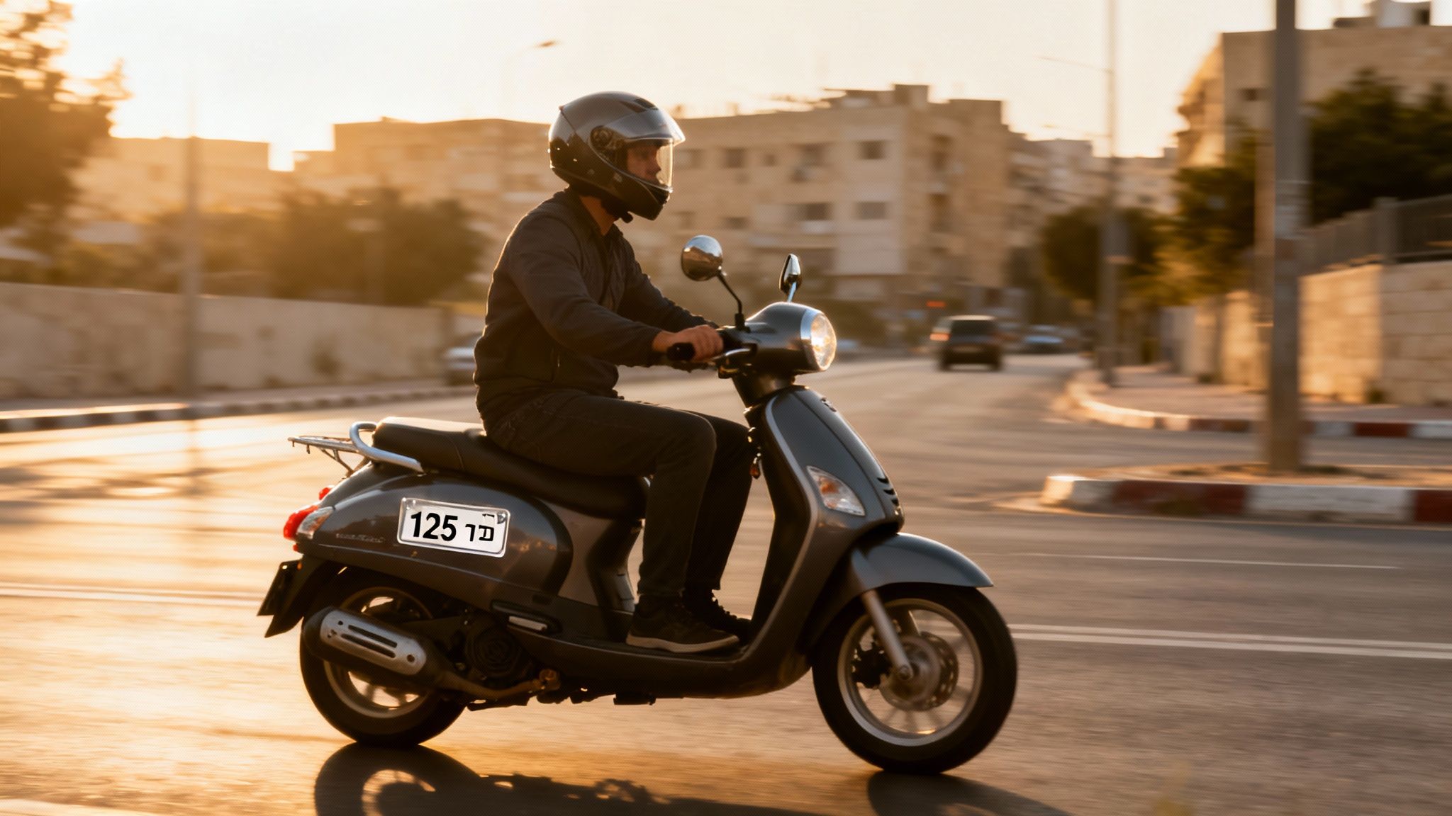אדם רוכב על קטנוע אפור עם מספר רישוי 125 בכביש עירוני בשקיעה מרהיבה.