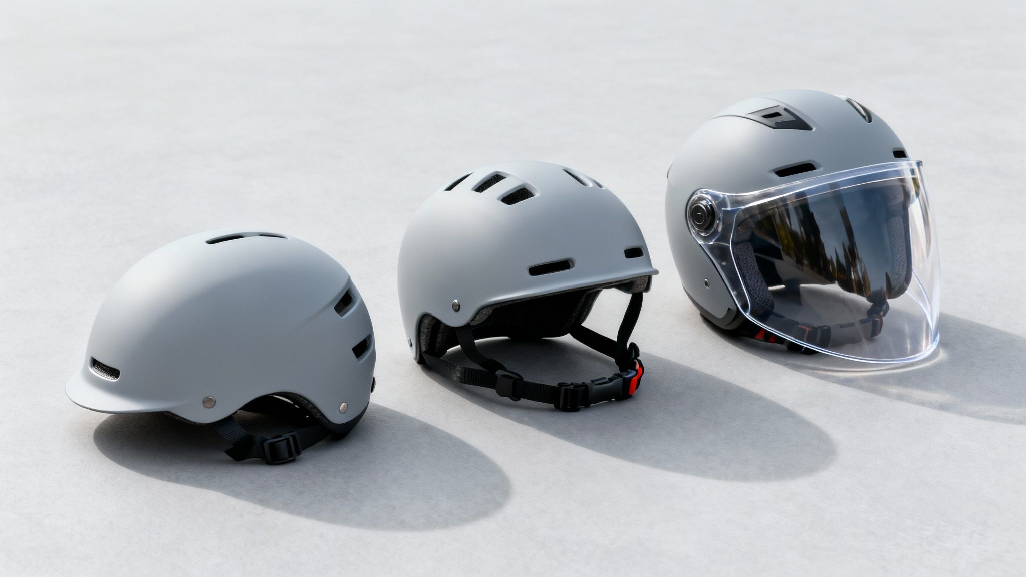 שלוש קסדות אפורות מסוגים שונים, כולל קסדת אופניים וקסדת קורקינט, מונחות על רקע בהיר.