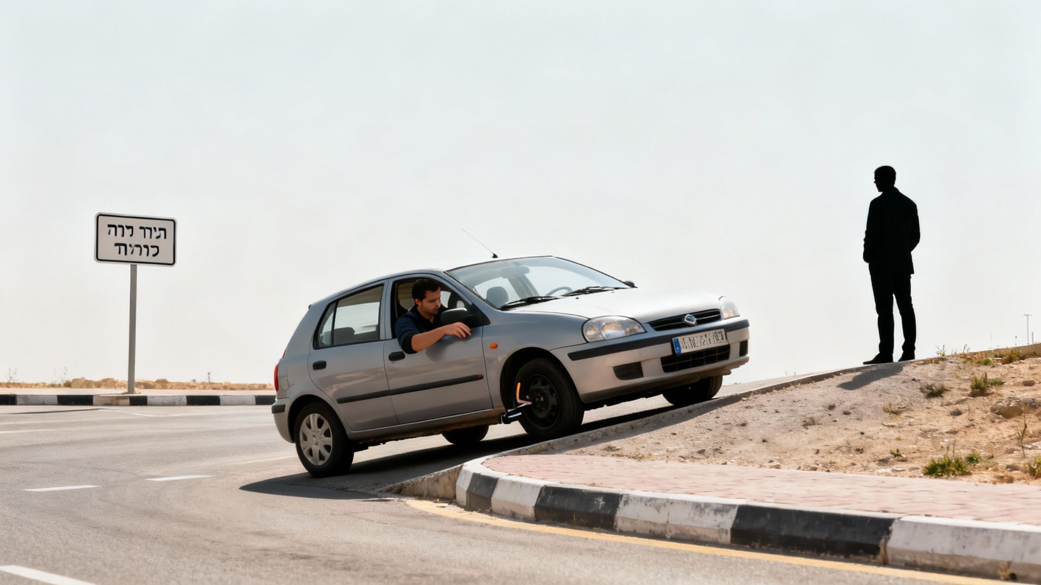 מכונית כסופה עם נהג מביט בצמיג הקדמי, ככל הנראה לאחר תקר, ליד שלט אזהרה.