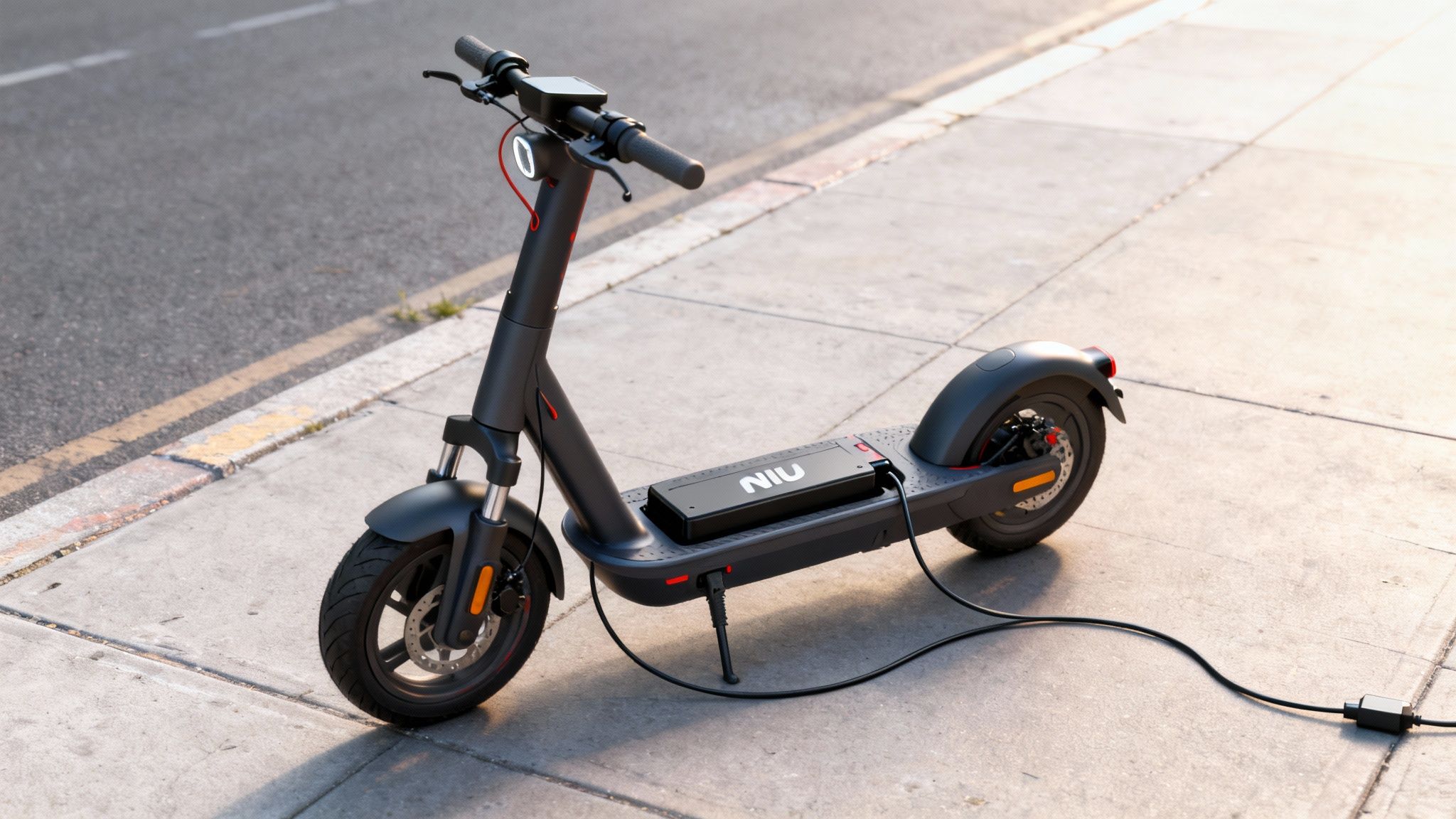 קורקינט חשמלי שחור מתוצרת NIU נטען על מדרכה מוארת, עם כבל טעינה מחובר.
