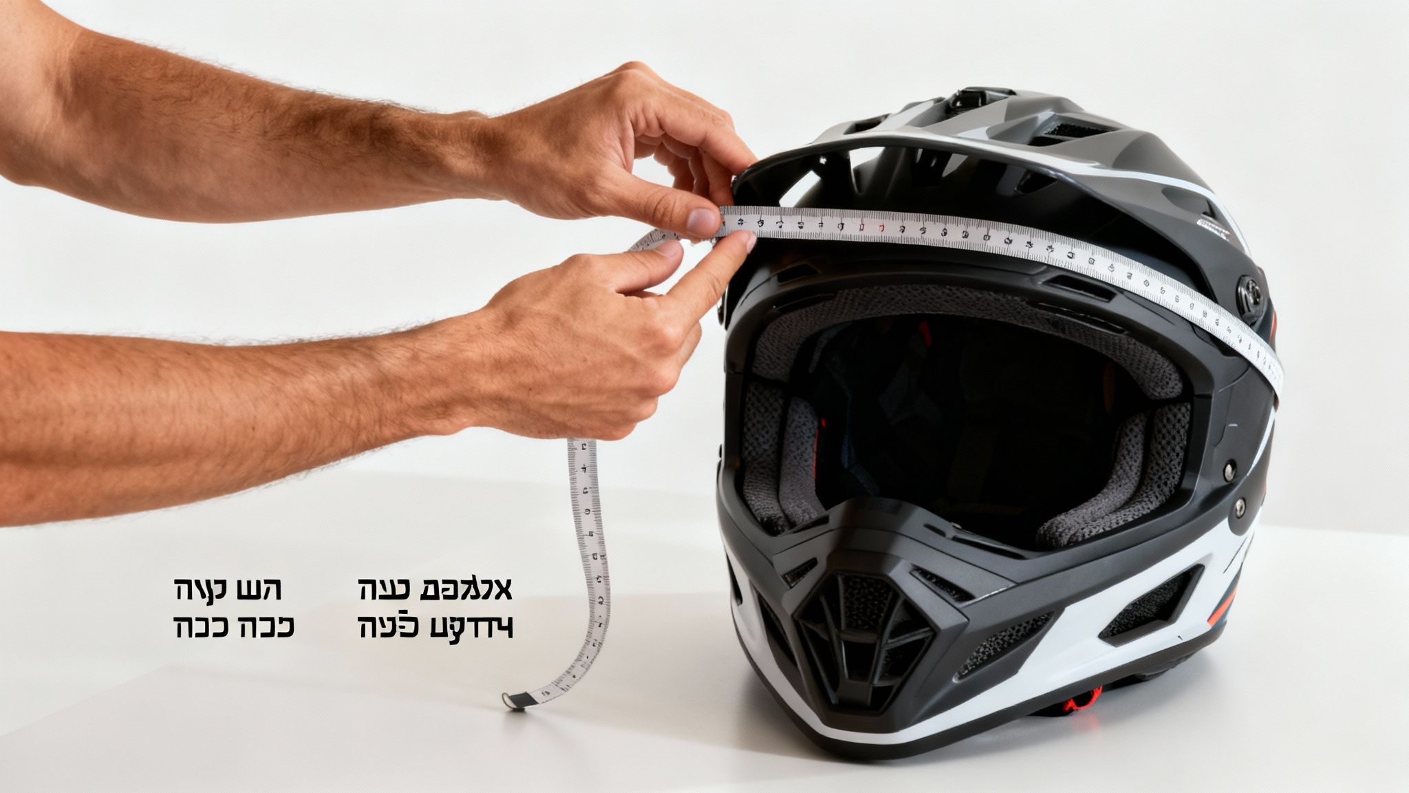 ידיים מודדות קסדת אופנוע שטח שחורה ולבנה עם סרט מדידה על שולחן לבן.