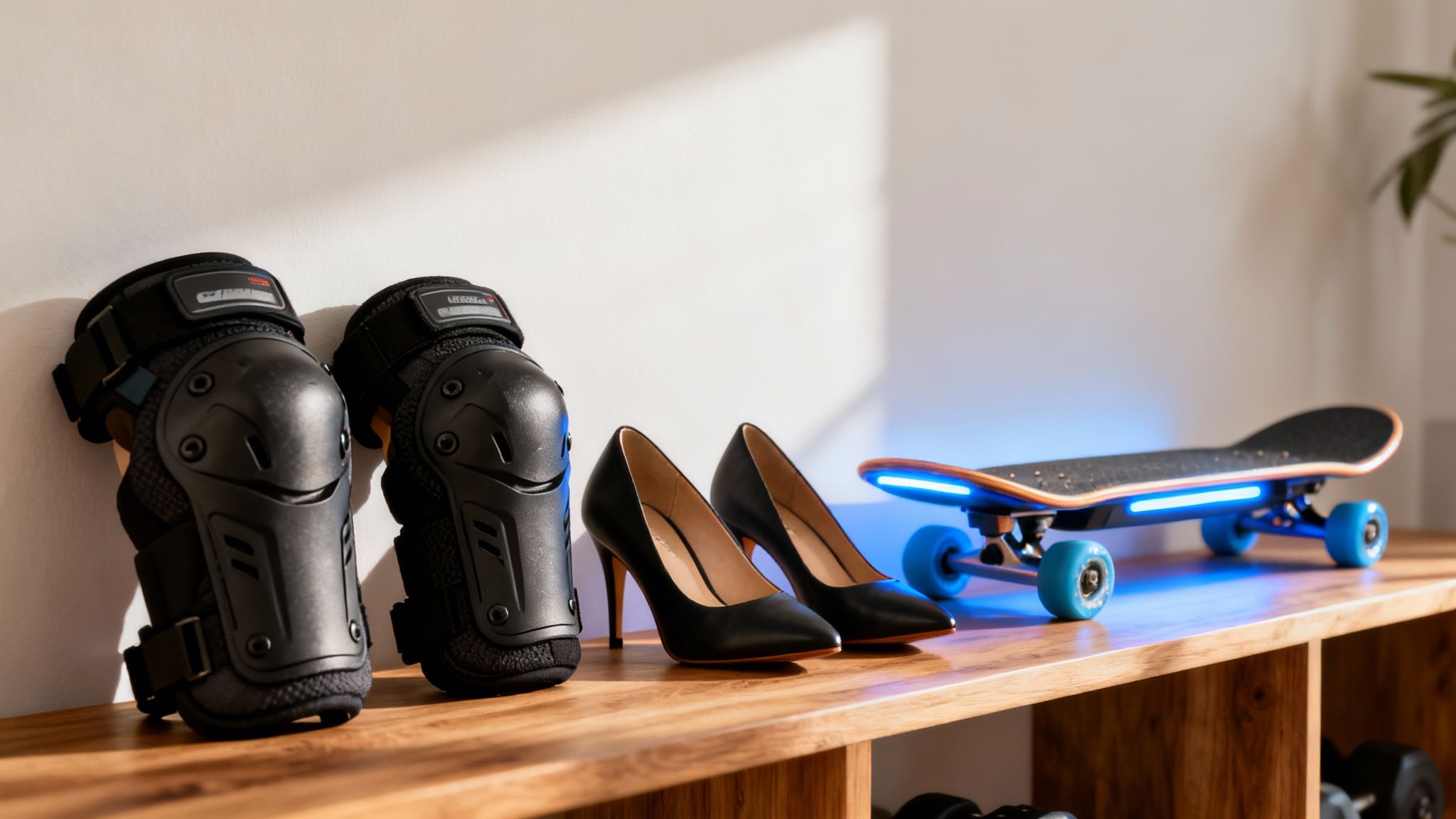 מגני ברכיים, נעלי עקב וסקייטבורד חשמלי עם אורות כחולים על מדף עץ.