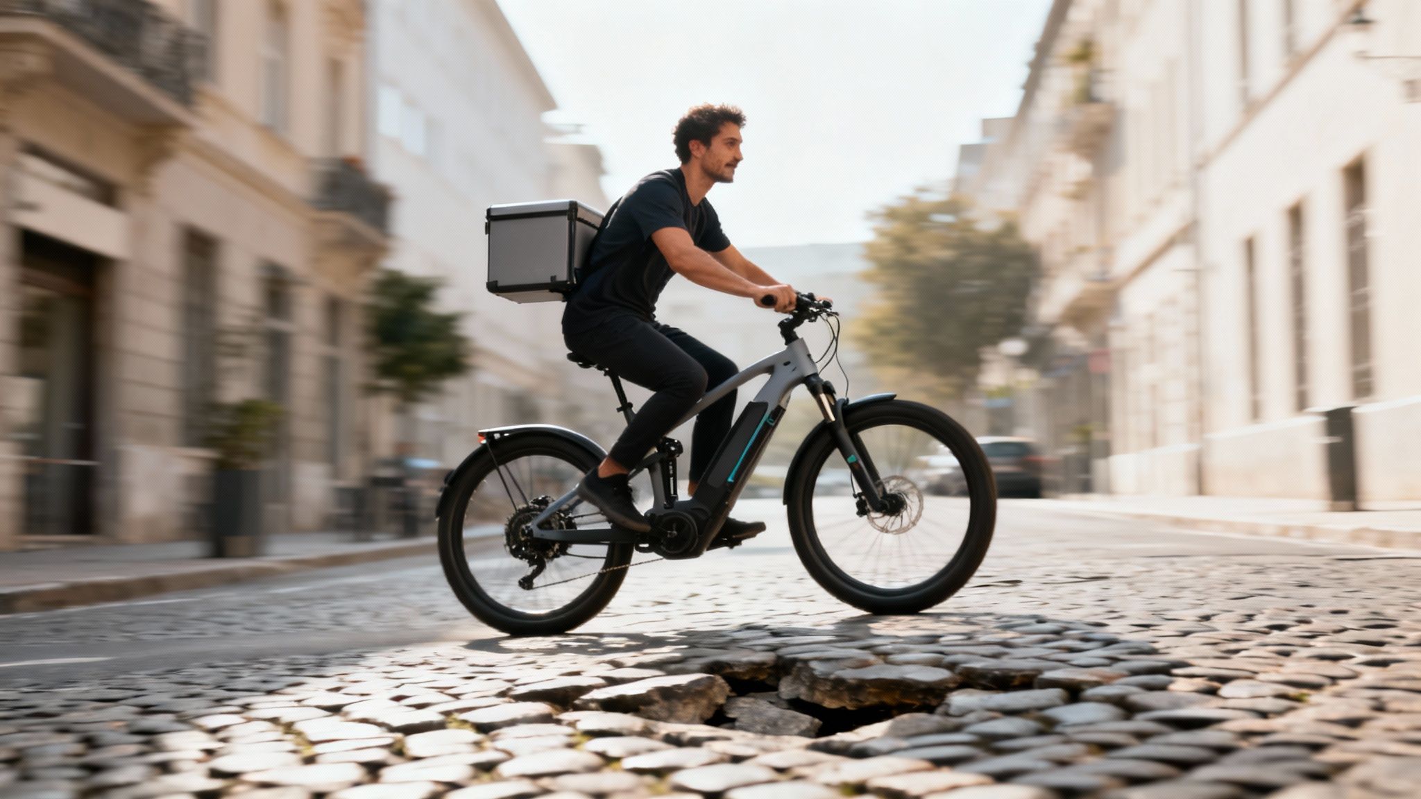 שליח רוכב על אופניים חשמליות עם שיכוך מלא, נושא קופסת משלוח, על רחוב מרוצף אבנים.