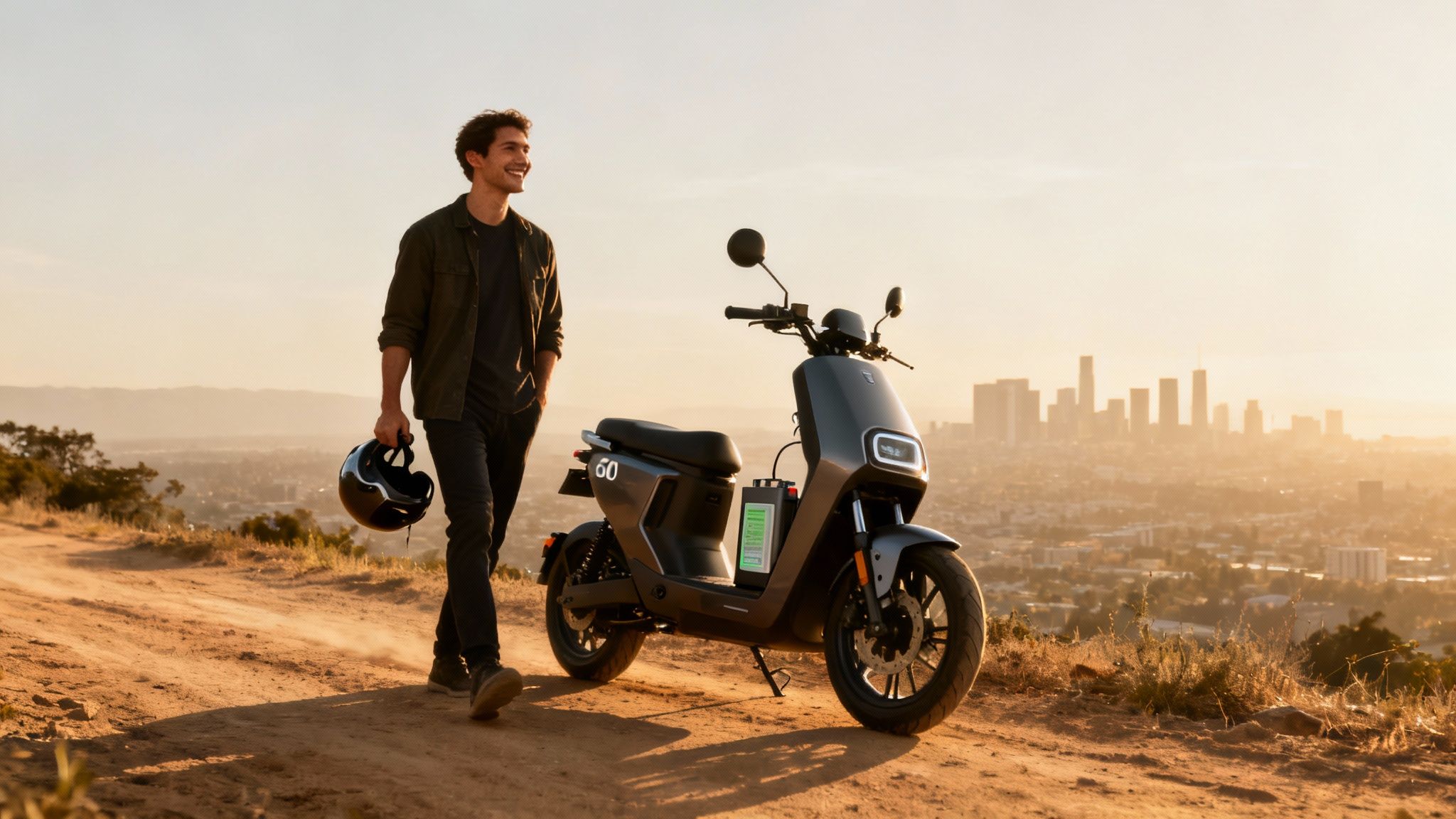 גבר מחייך הולך עם קסדה ליד קטנוע חשמלי 60v על שביל עפר, עם נוף עירוני מרהיב בשקיעה זהובה.