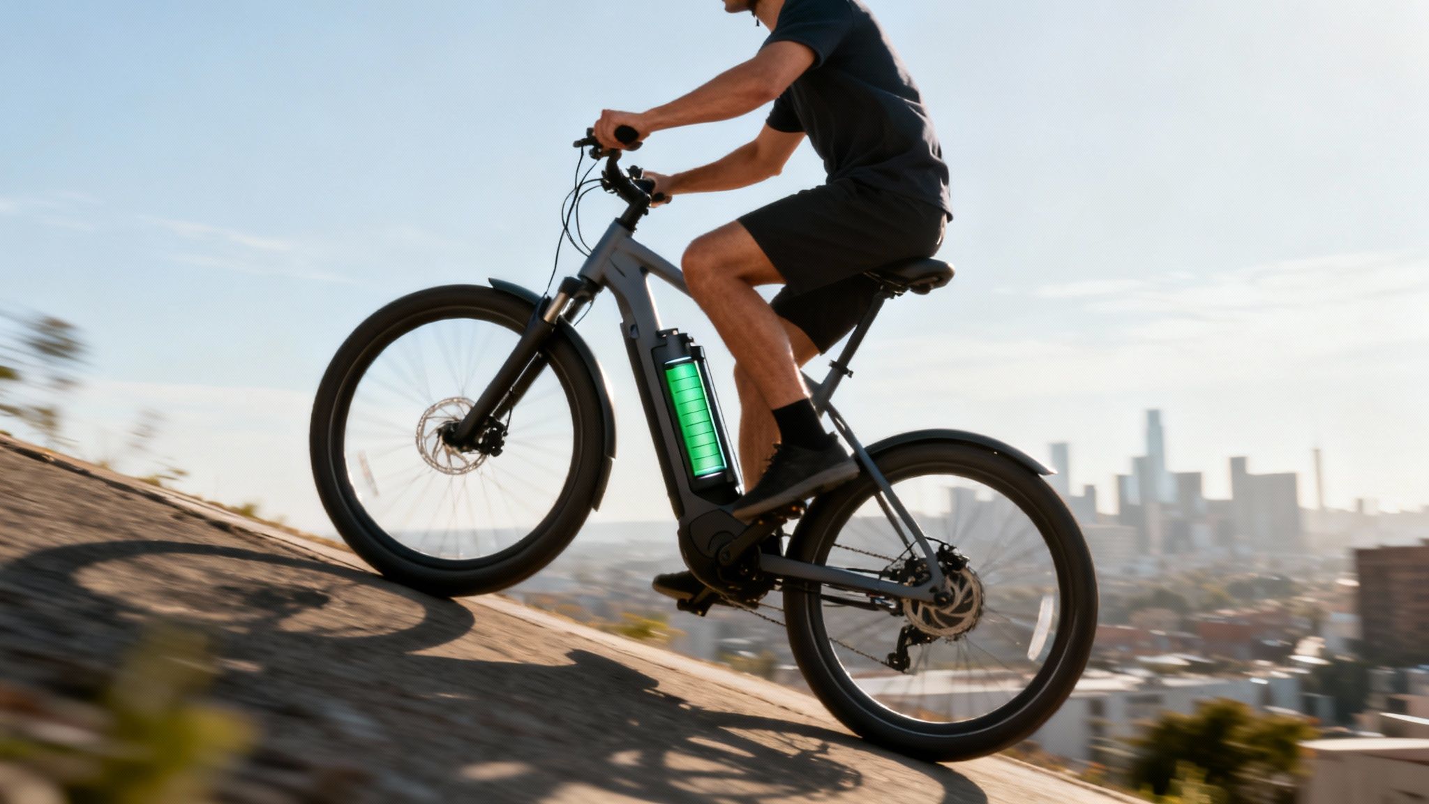 רוכב עולה בעלייה על אופניים חשמליים עם סוללה מלאה, וקו רקיע עירוני ברקע.