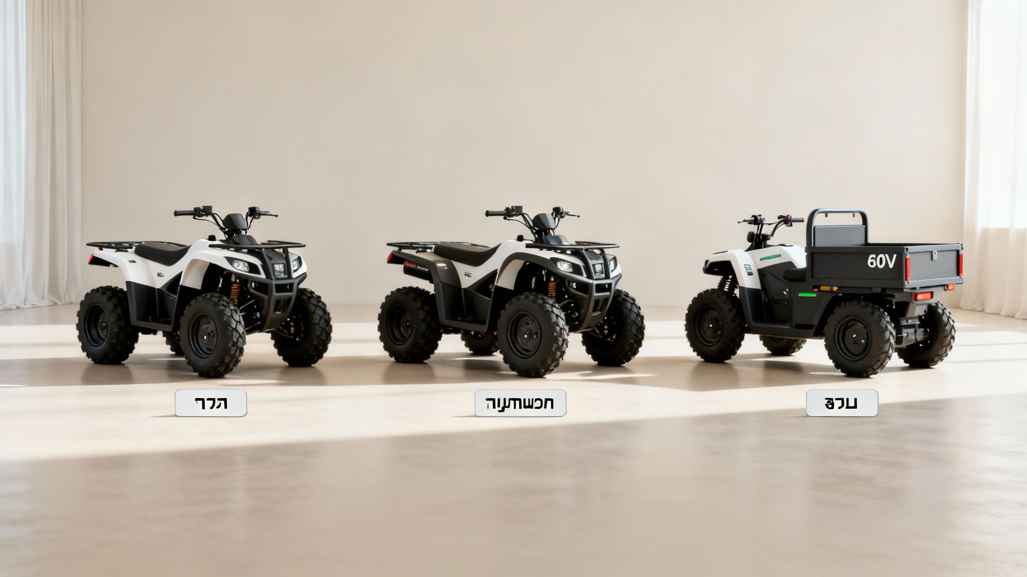 תמונה של שלושה טרקטורונים חשמליים לבנים ושחורים, כולל טרקטורון שירות עם ארגז מטען.