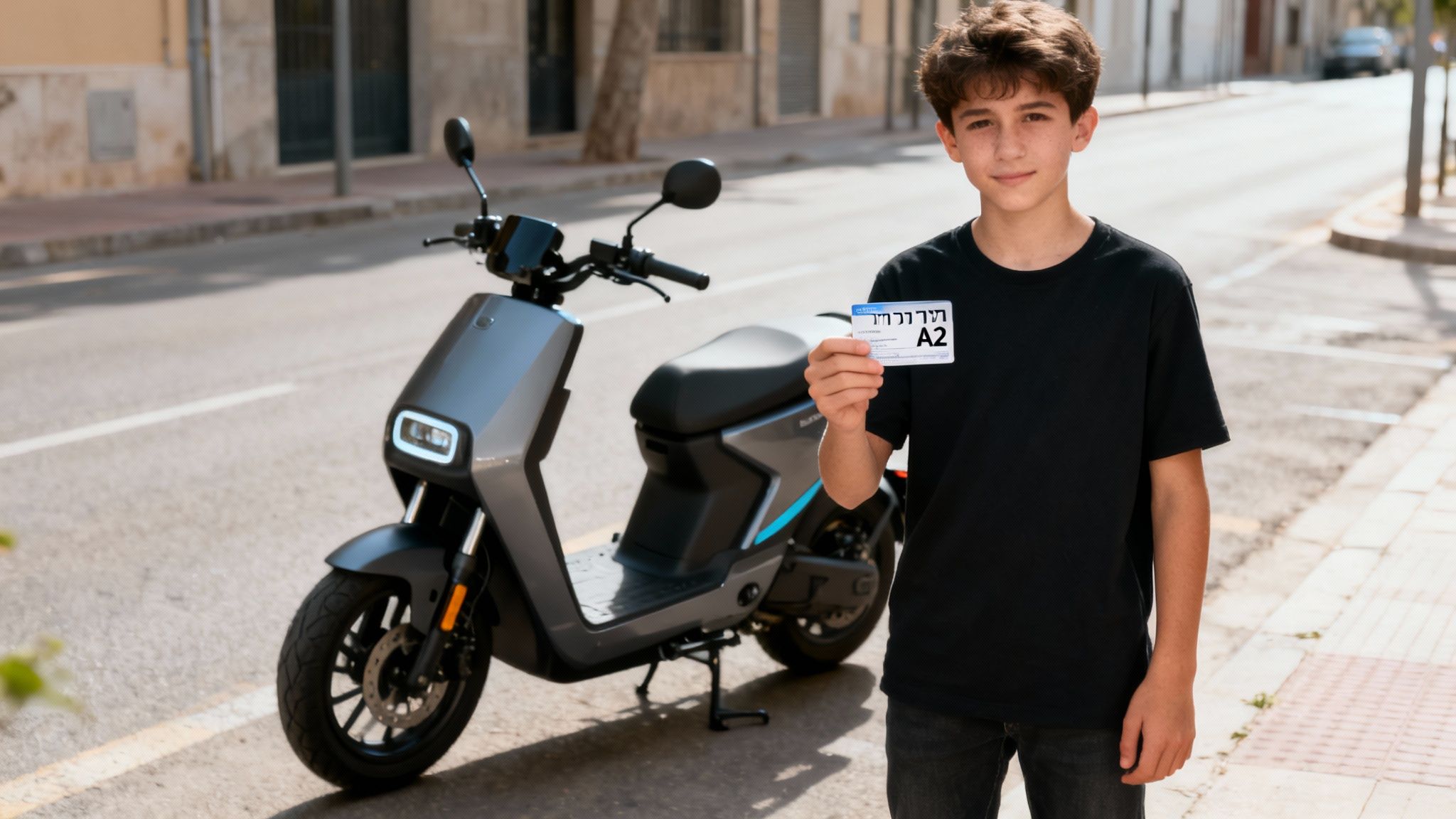 נער חייכן מחזיק רישיון נהיגה A2, עומד ליד קטנוע אפור ברחוב.