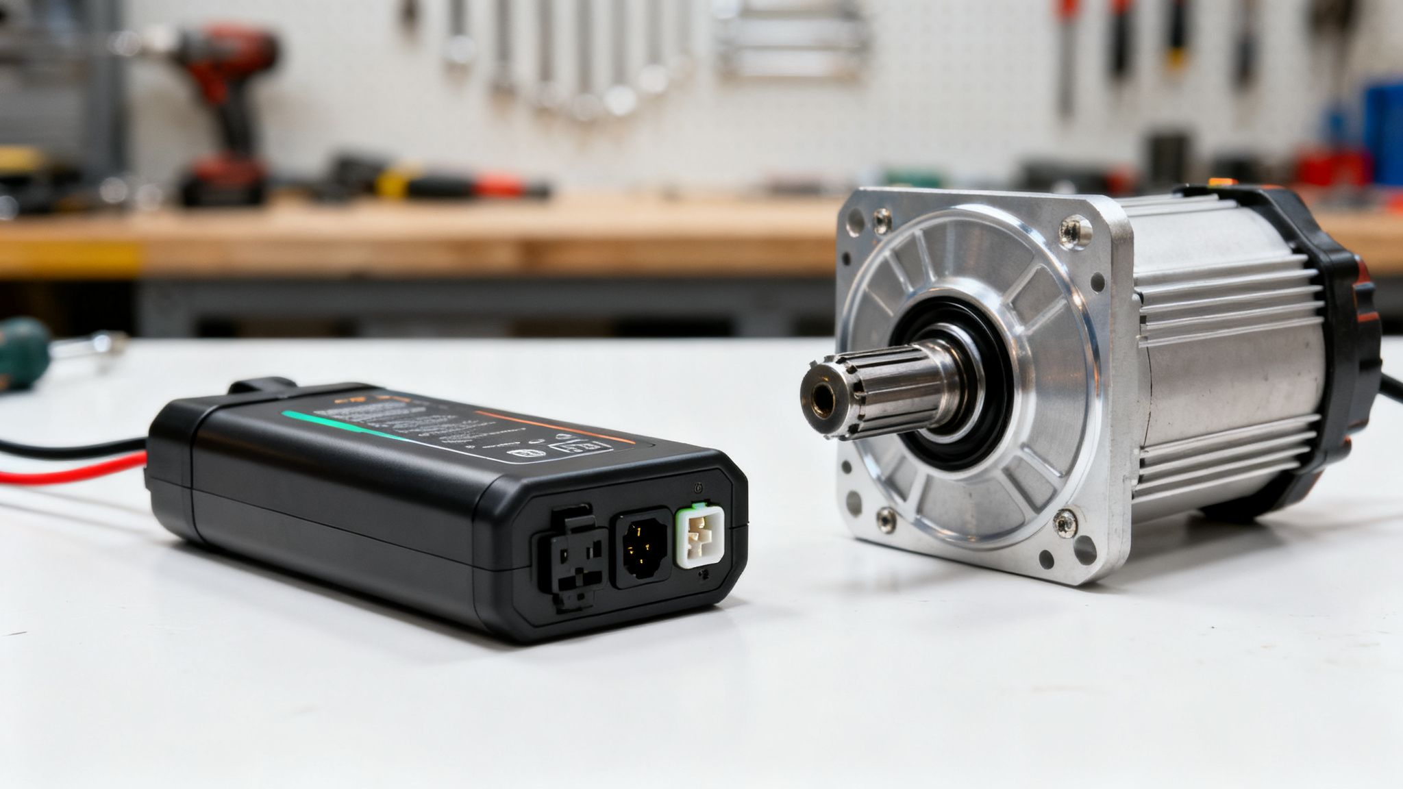 מכשיר אלקטרוני שחור ומנוע חשמלי כסוף מבריק מונחים על שולחן עבודה לבן.