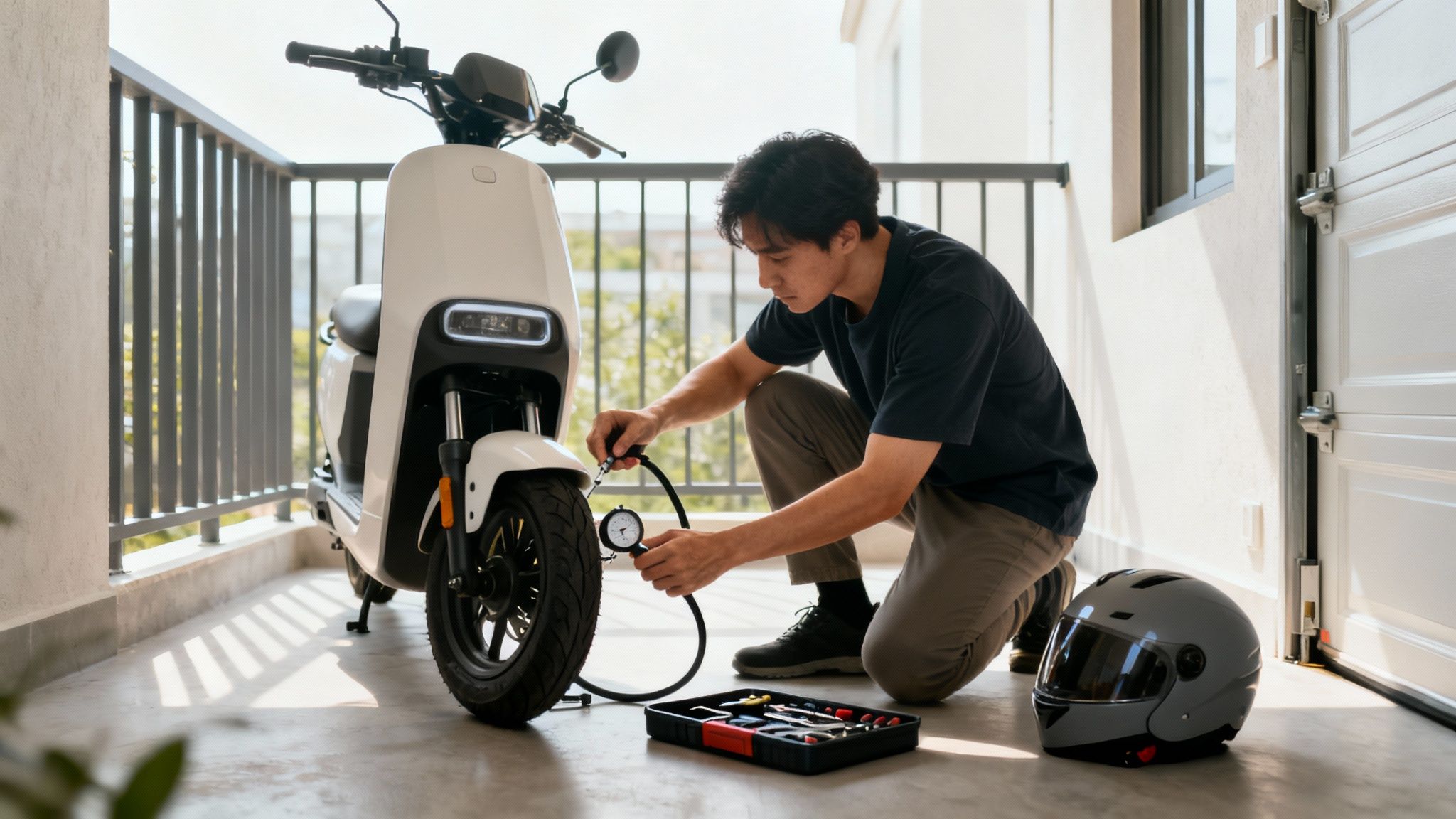 גבר כורע בודק לחץ אוויר בצמיג של קורקינט חשמלי לבן, עם ארגז כלים וקסדה לידו.