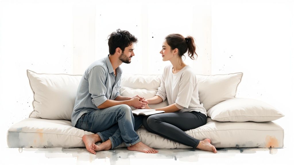 A couple sitting closely together on a couch, looking at each other and smiling, conveying a deep emotional connection.
