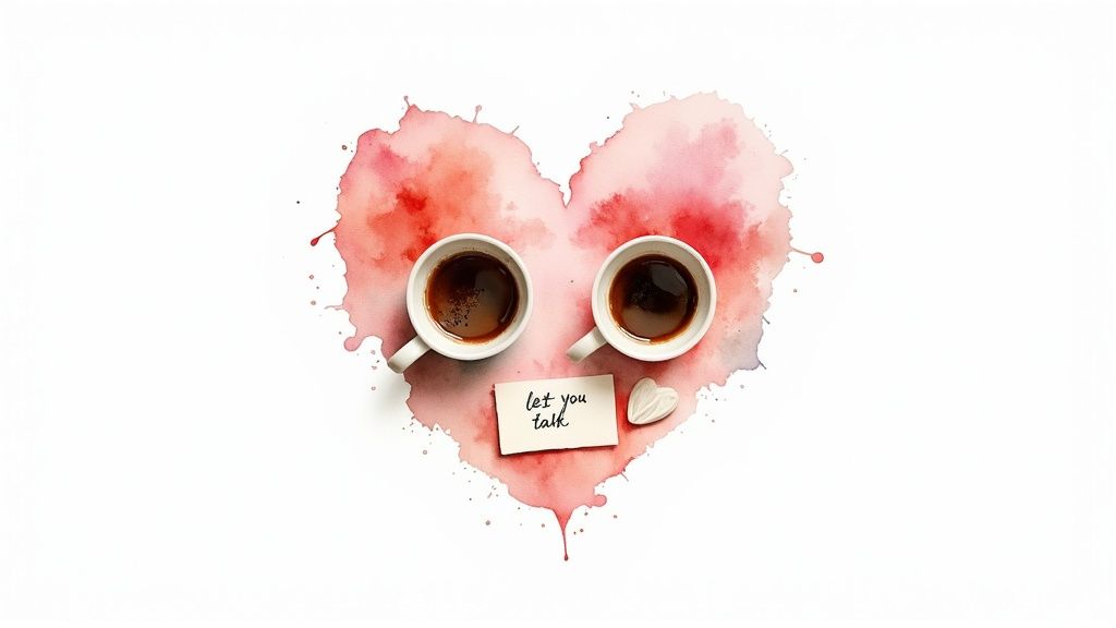 Two coffee cups arranged as eyes on watercolor heart with note saying let you talk