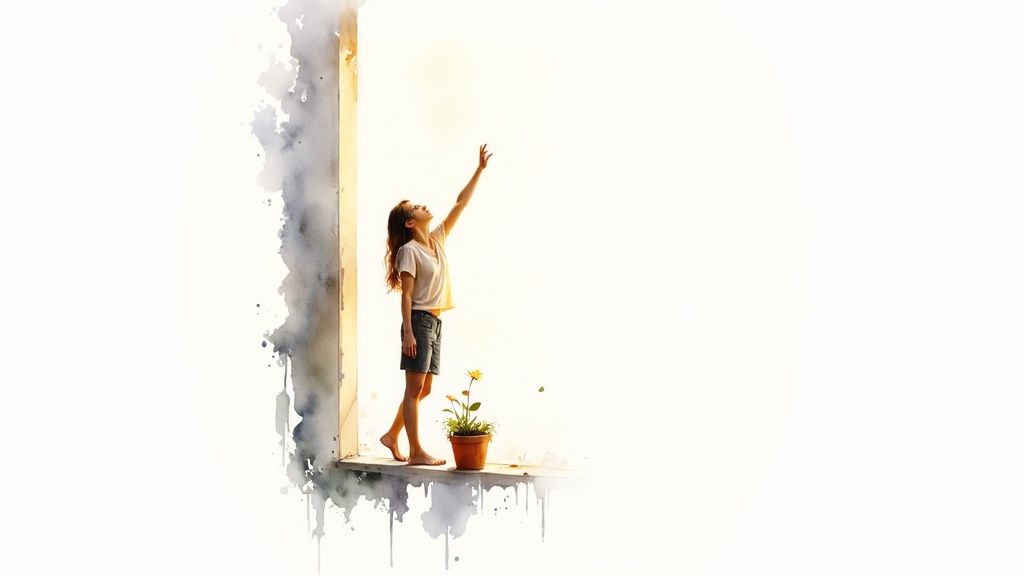 A person stands confidently at a viewpoint, looking out at a bright future, symbolizing setting new boundaries.