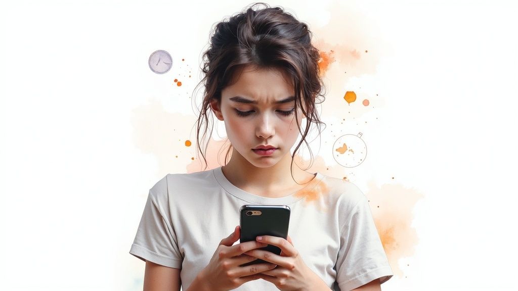 Young woman looking worried and concerned while checking messages on her smartphone