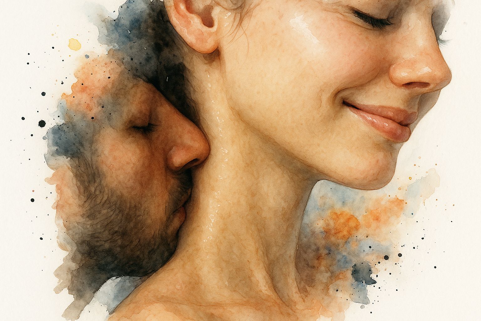 A couple sharing an intimate moment with a kiss on the neck.