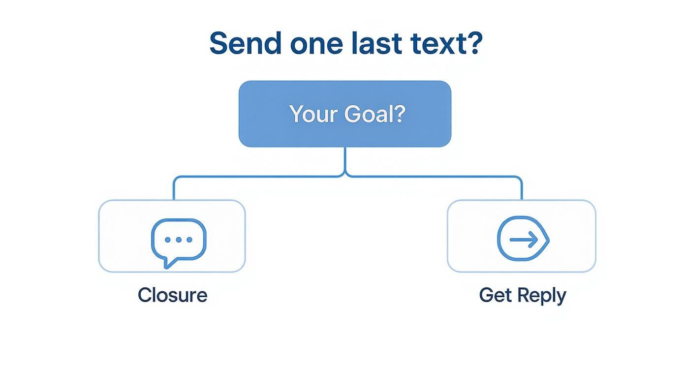 Infographic decision tree asking 'What's Your Goal?' with branches for 'Closure' or 'Get a Reply,' helping to decide whether to send one last text.