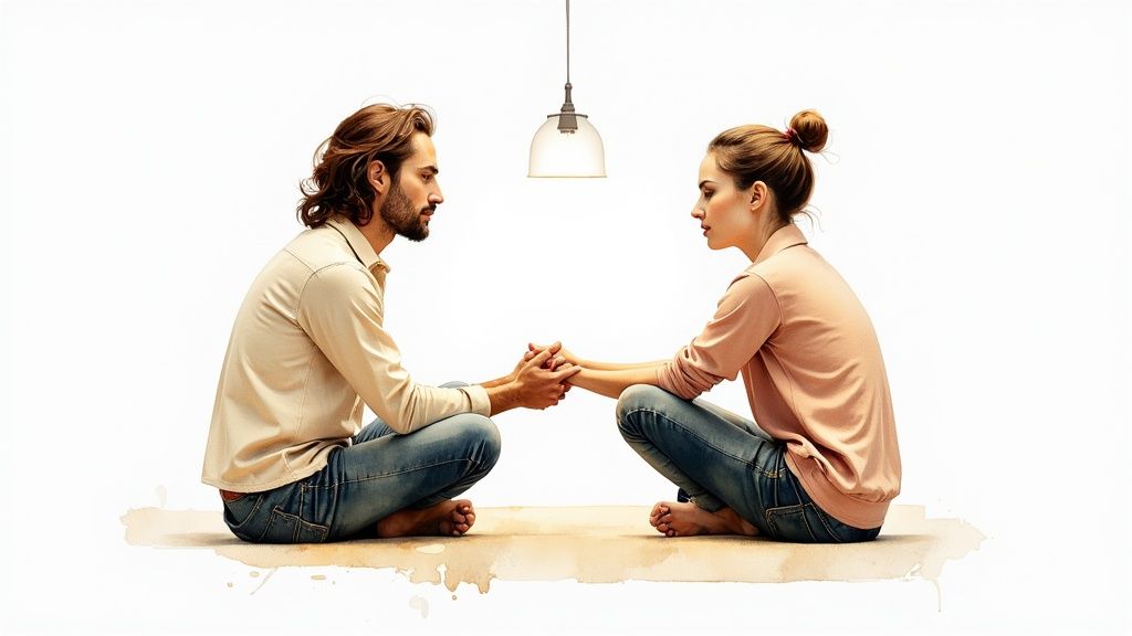 A man and woman sitting close together on a couch, laughing and talking intimately.