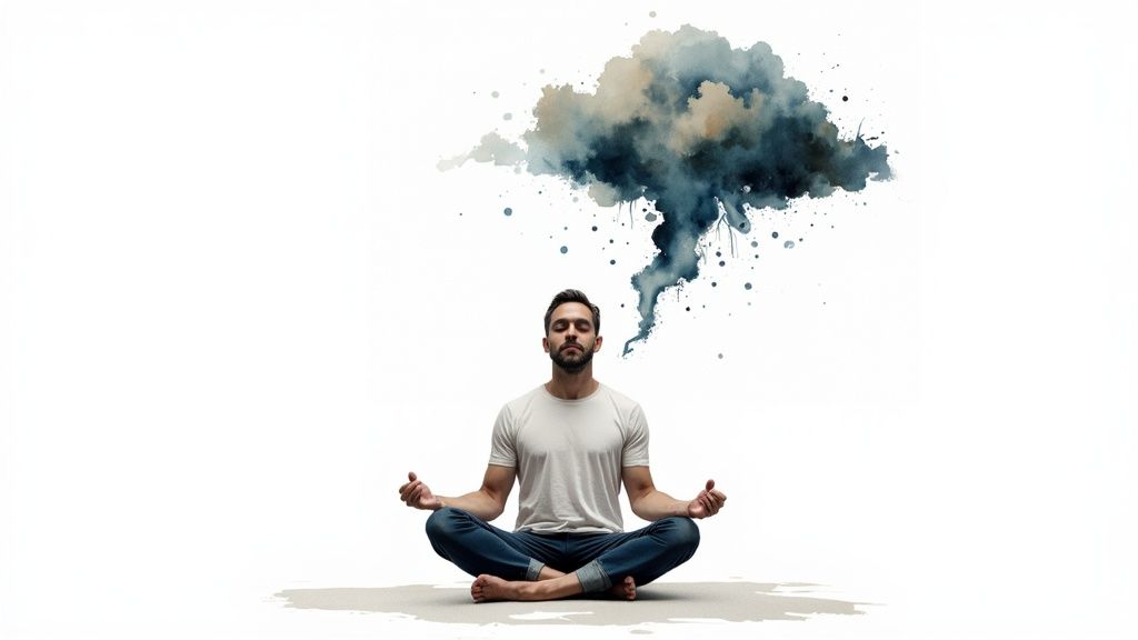 A person practicing mindfulness, sitting cross-legged with a calm expression, representing control over jealous thoughts.