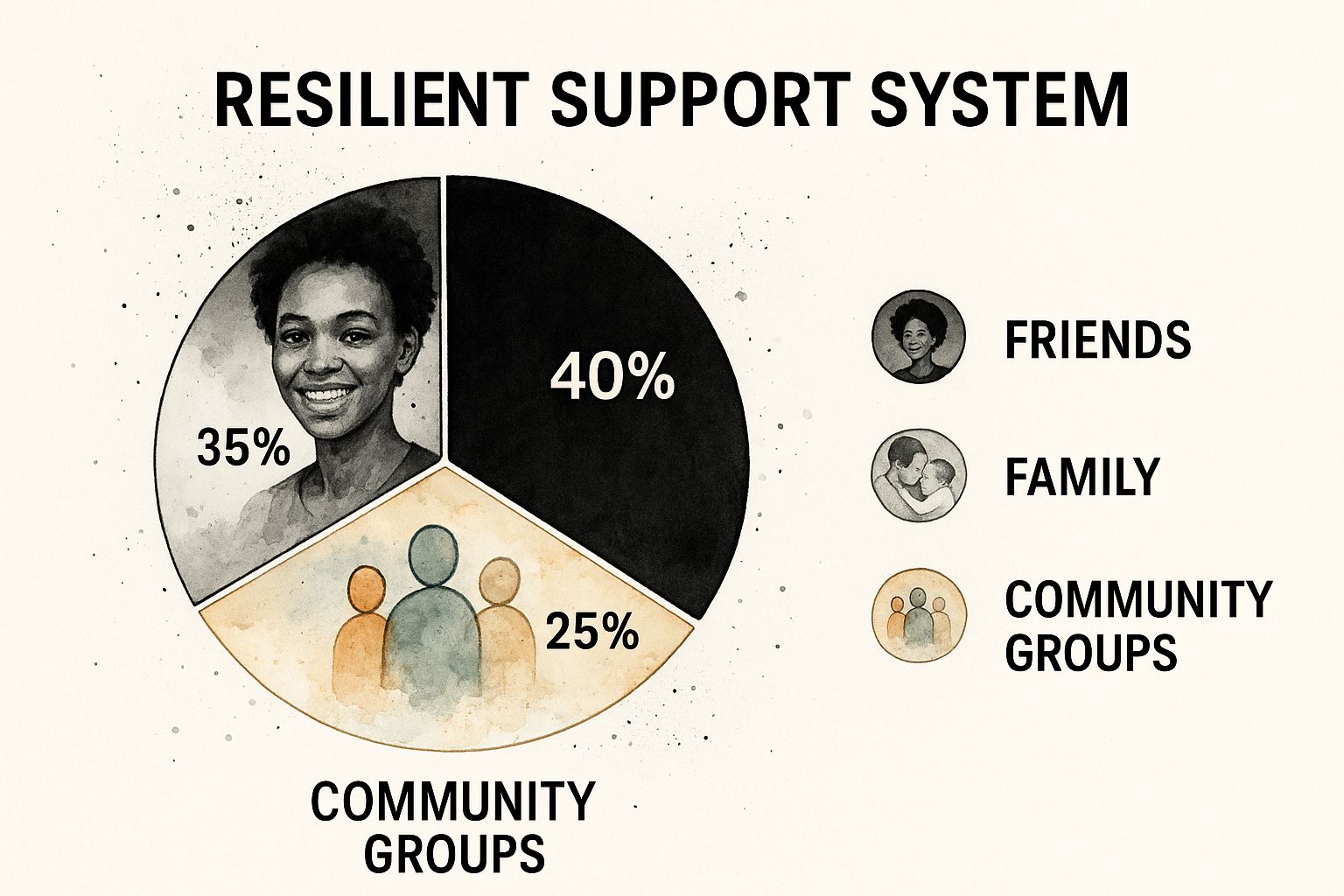 Infographic showing the distribution of emotional support sources: Friends at 40%, Family at 35%, and Community Groups at 25%.