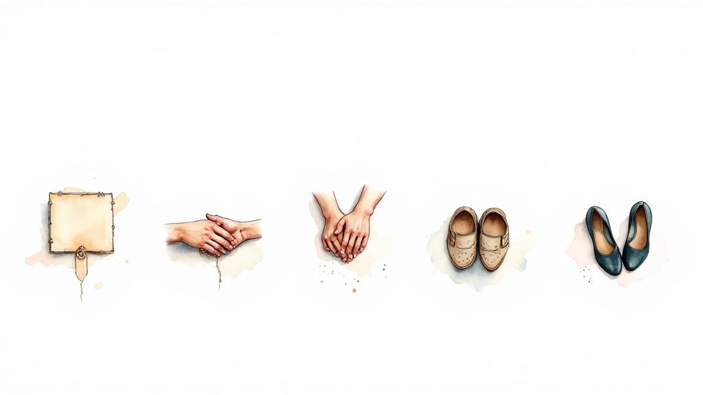 Watercolor illustration showing marriage symbols: scroll, holding hands, cupped hands, children's shoes, and women's heels