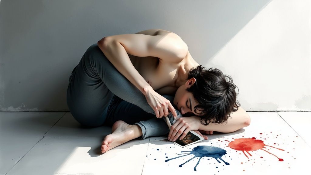 A person sitting on the floor in a dark room, looking distressed, symbolizing the pain and guilt after a breakup.