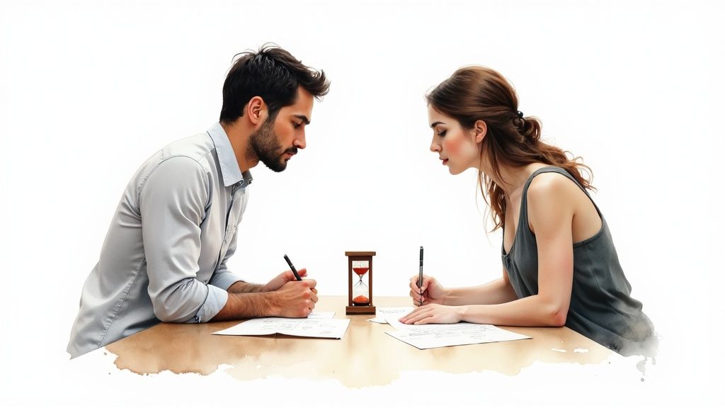 A couple sitting back-to-back, looking thoughtful but not angry, ready to discuss a conflict calmly.