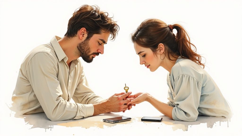 A couple laughing together, rebuilding their connection in a comfortable setting.