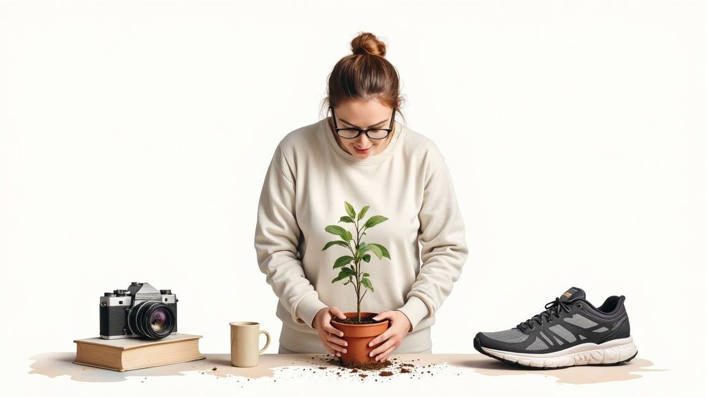 Woman wearing glasses carefully tending to small potted plant on minimalist desk with personal items