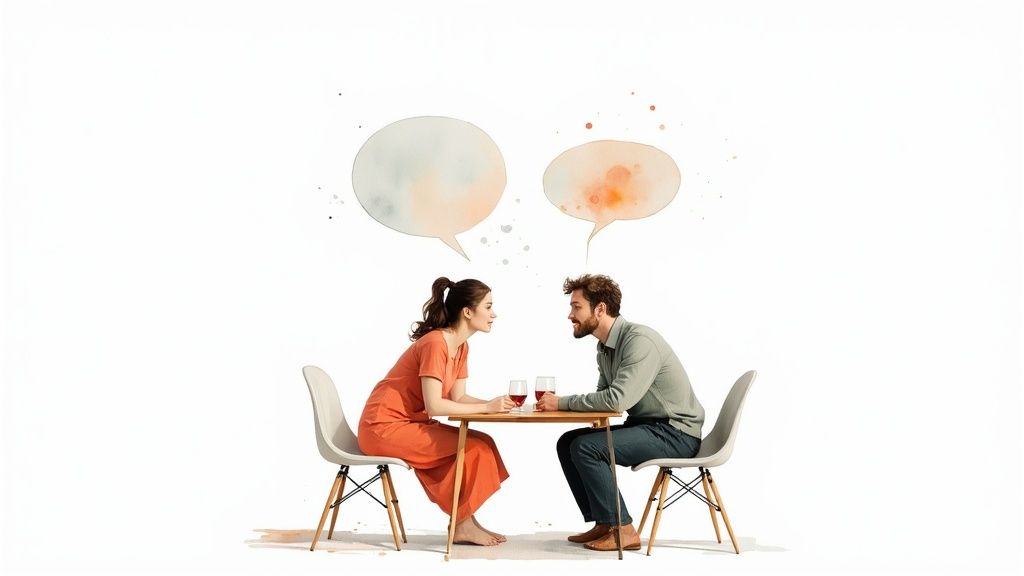 Two people smiling and having an engaging conversation at a cafe.