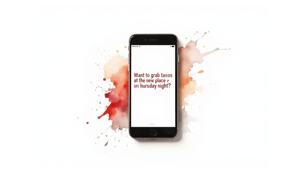 A person smiling as they compose a text message on their phone.