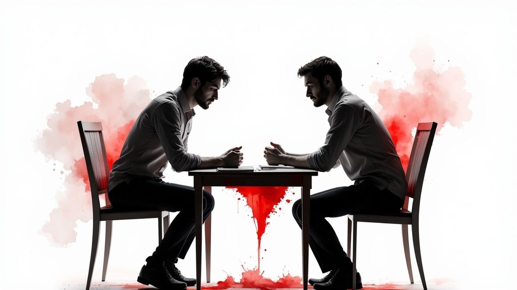Two men sitting across table in tense confrontation with dramatic red artistic effects symbolizing jealousy