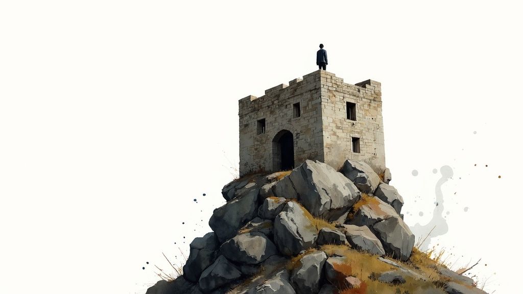A person standing alone on a cliff, looking out at a vast landscape, symbolizing independence and emotional distance.