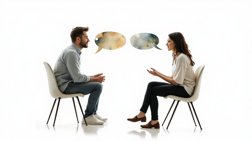 A couple communicating openly and honestly while sitting on a couch.