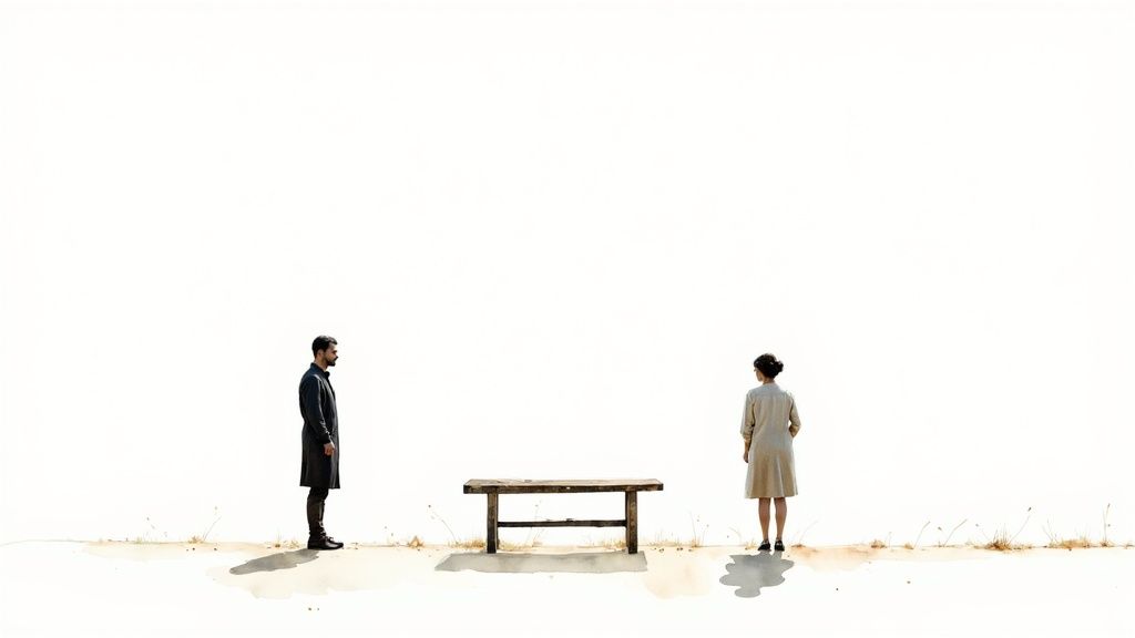 Two people sitting apart on a bench, looking thoughtful and distant.