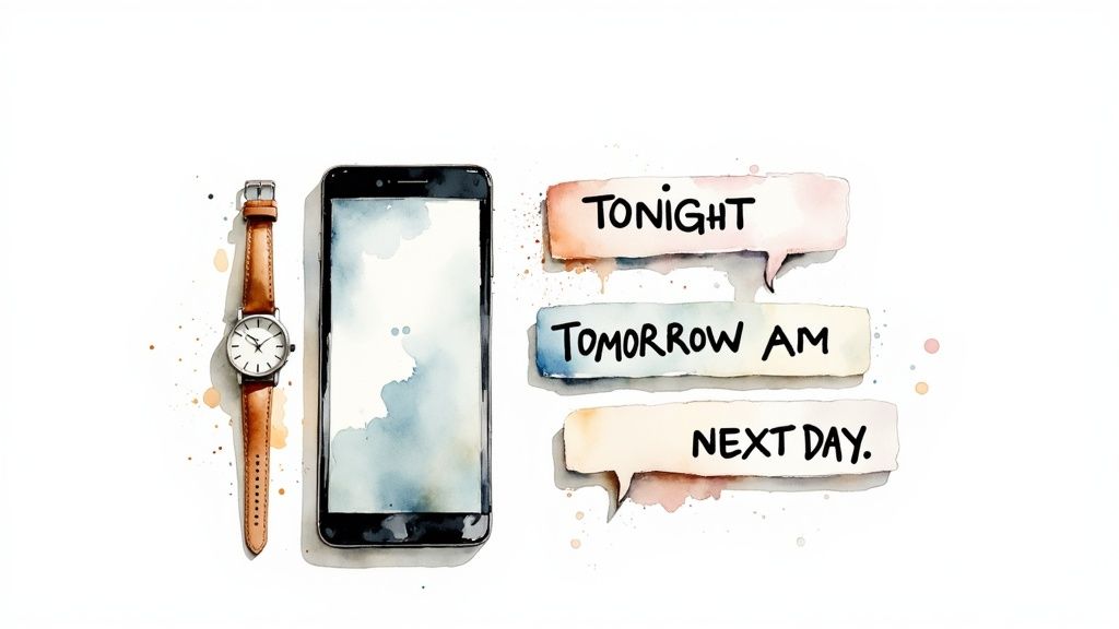 A person looking at their phone screen with a thoughtful expression, with a clock face softly overlaid in the background.