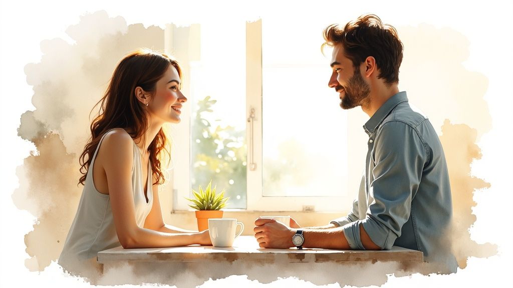 Two people laughing and talking naturally while sitting on a bench